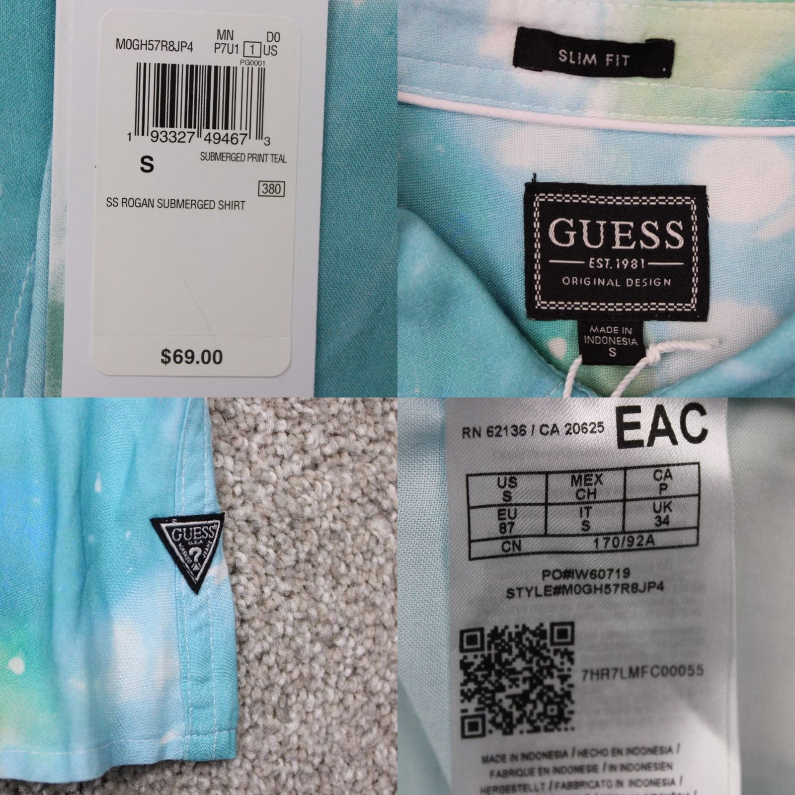 Guess GUESS Shirt Mens Small Blue Submerged Print Slim Fit S/S Button 100% Rayon Size US S / EU 44-46 / 1 - 8 Thumbnail