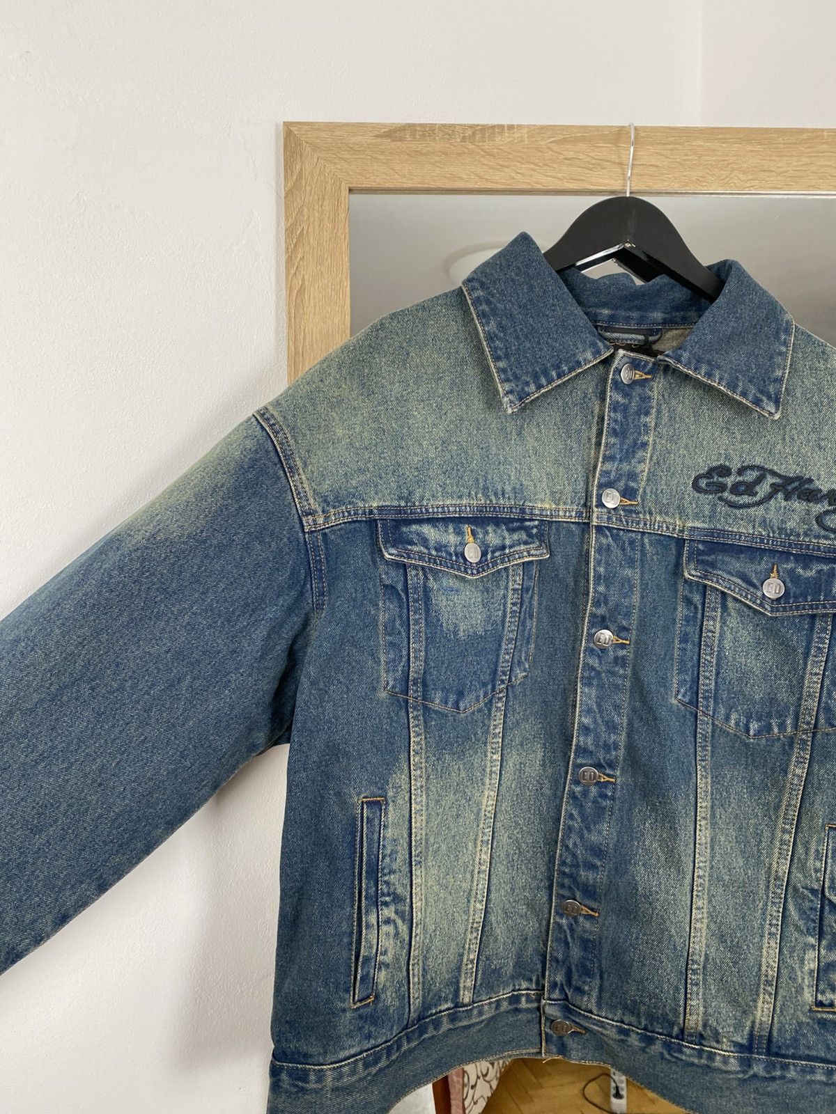 Oversized washed blue denim jacket big logo by Ed Hardy