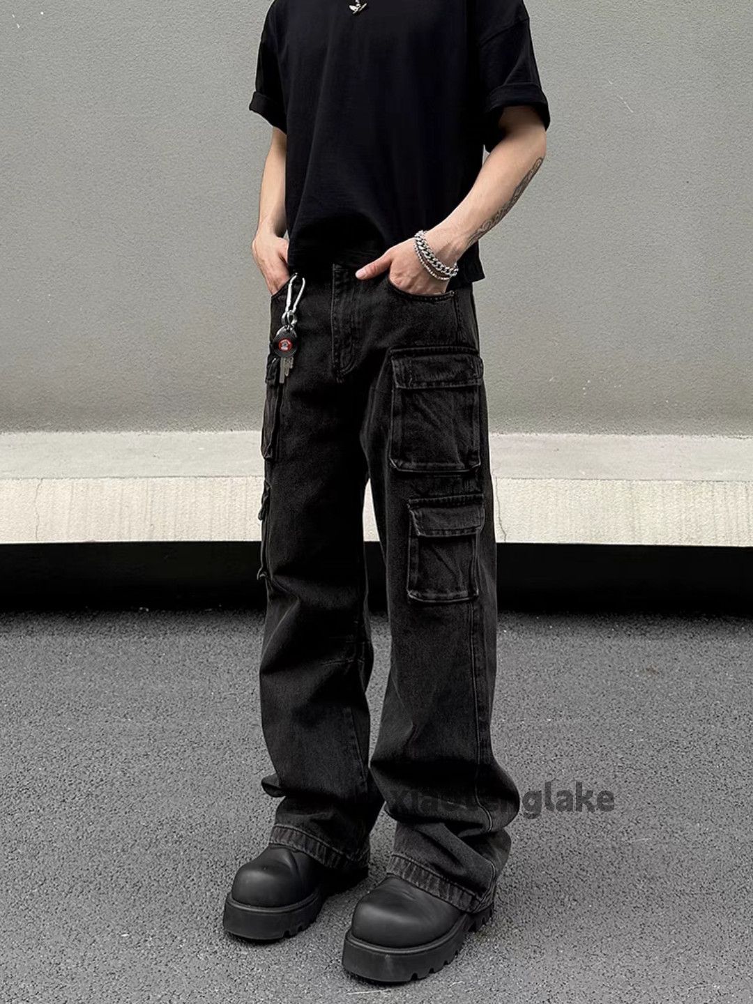 Jean Unisex washed faded loose baggy hiphop cargo jeans Size US 32 / EU 48 - 3 Thumbnail