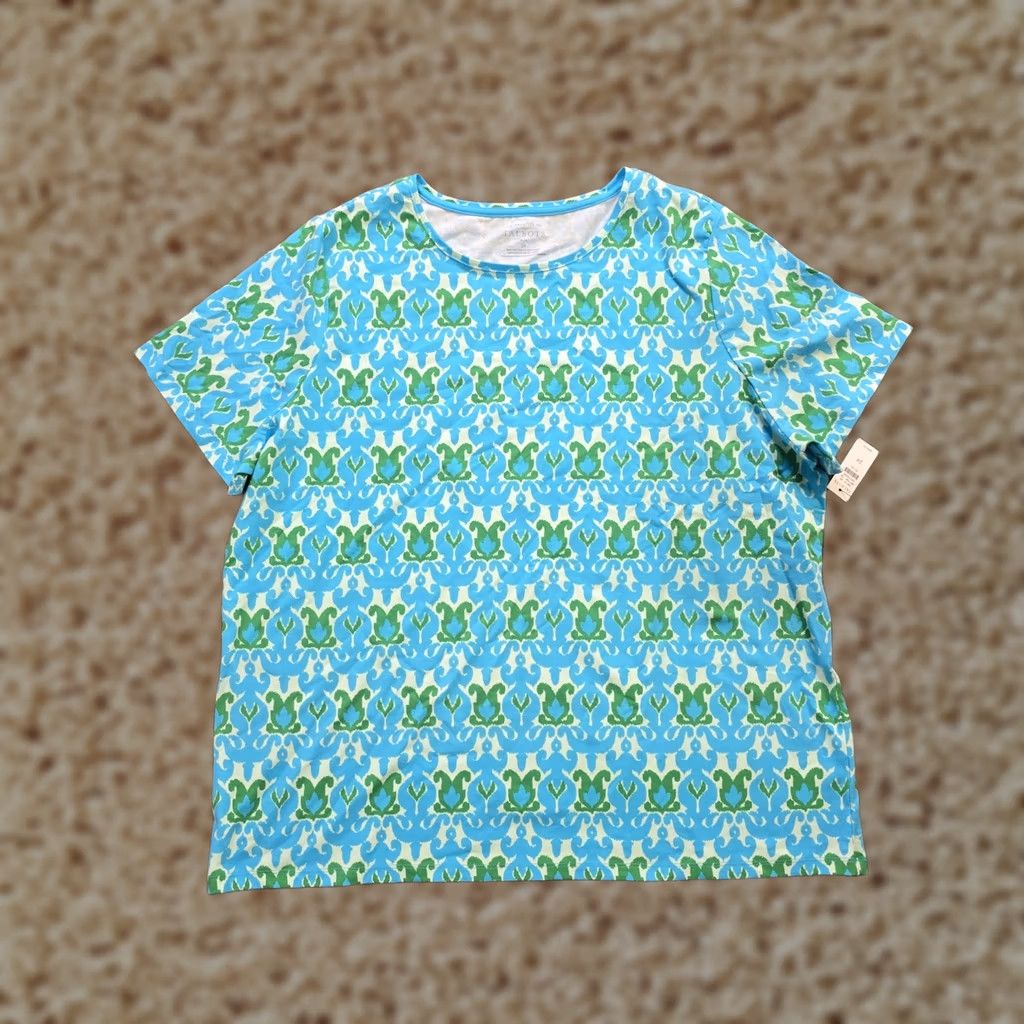 Talbots Talbots Top Shirt Womens 2X Blue Green Short Sleeve Casual Career Geometric Knit Nonlogo Pullover Round Neck Stretchy Fitted Classic Size XXL / US 16-18 / IT 52-54 - 1 Thumbnail