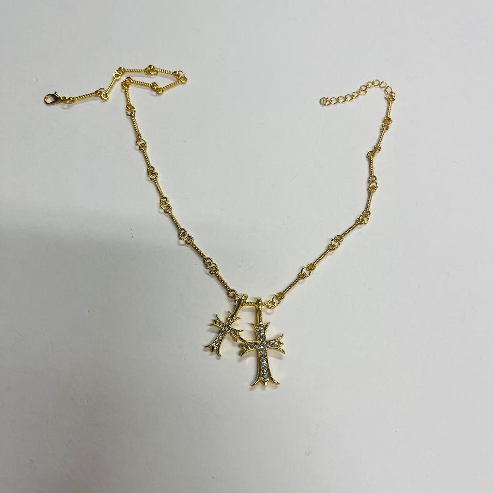 Farah Vintage y2k style Double cross gold Necklace. Rhinestone Size ONE SIZE - 6 Thumbnail