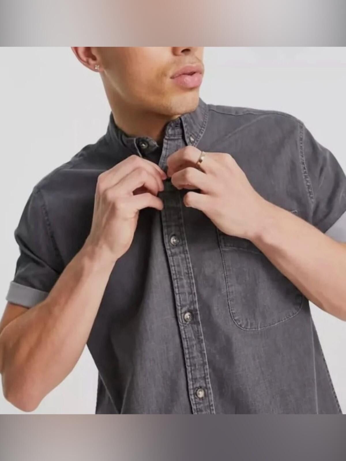 Topman Topman / Button Up Denim Shirt Casual Stretch / Gray Size US M / EU 48-50 / 2 - 2 Thumbnail