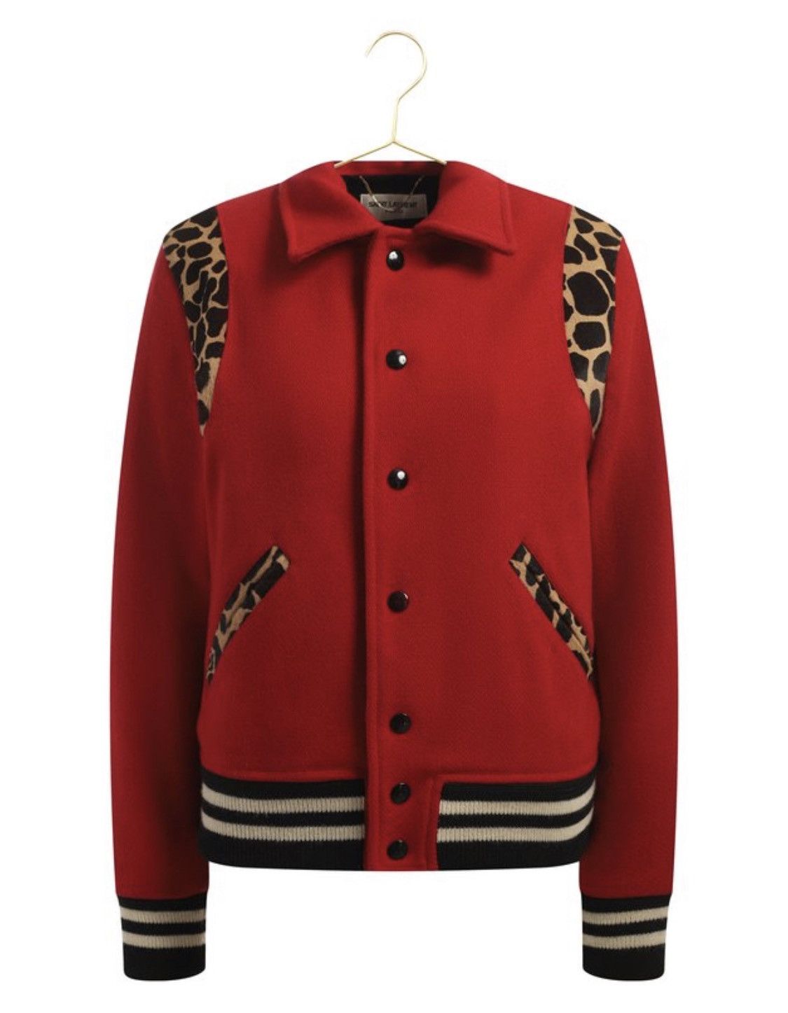 image of Saint Laurent Paris Wool Leather Leopard Detail Teddy Bomber in Red, Men's (Size XS)