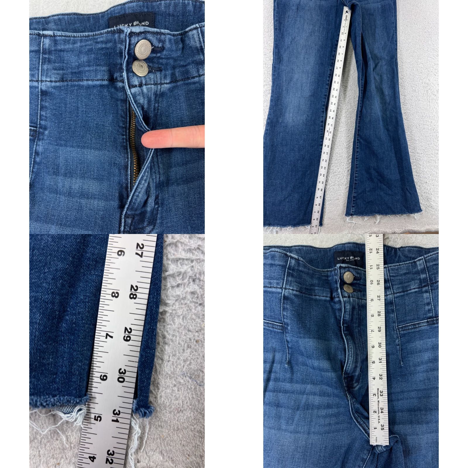 Lucky Brand VINTAGE Lucky Brand Jeans Juniors 14 Blue Denim Flared High Rise 5-Pocket Cotton Distressed Raw Hem Womens Girls Smalls? Size 36" / US 14 / IT 50 - 8 Thumbnail