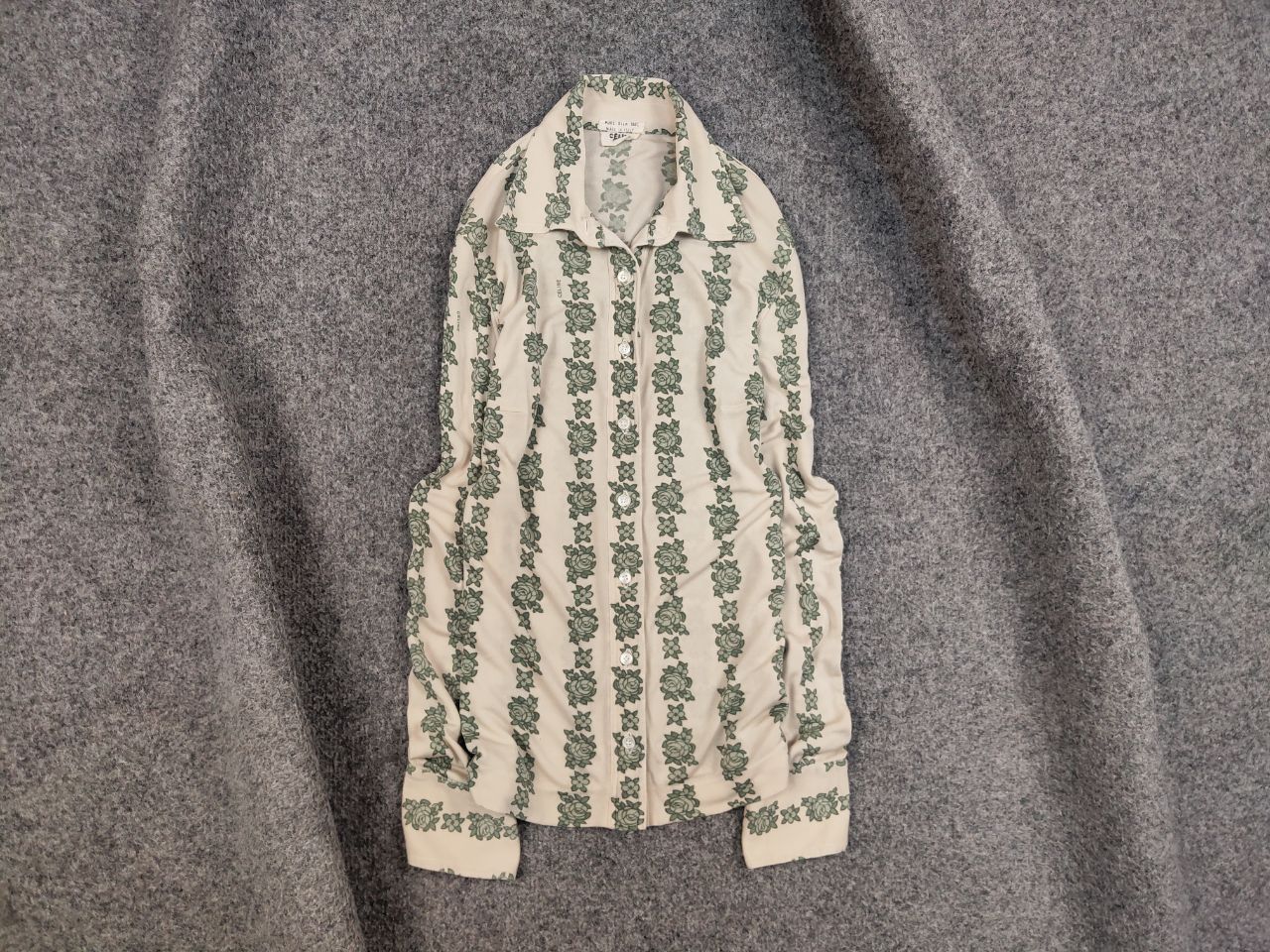 image of Vintage 70's Celine Pure Silk Monogram Logo Blouse Shirt in Beige/Green, Women's (Size Medium)