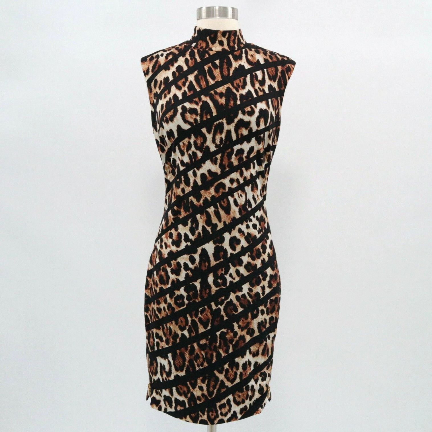 image of Vintage Cache Sheath Dress Womens Leopard Black S Small Stripe Zipper Stretch Bodycon in White