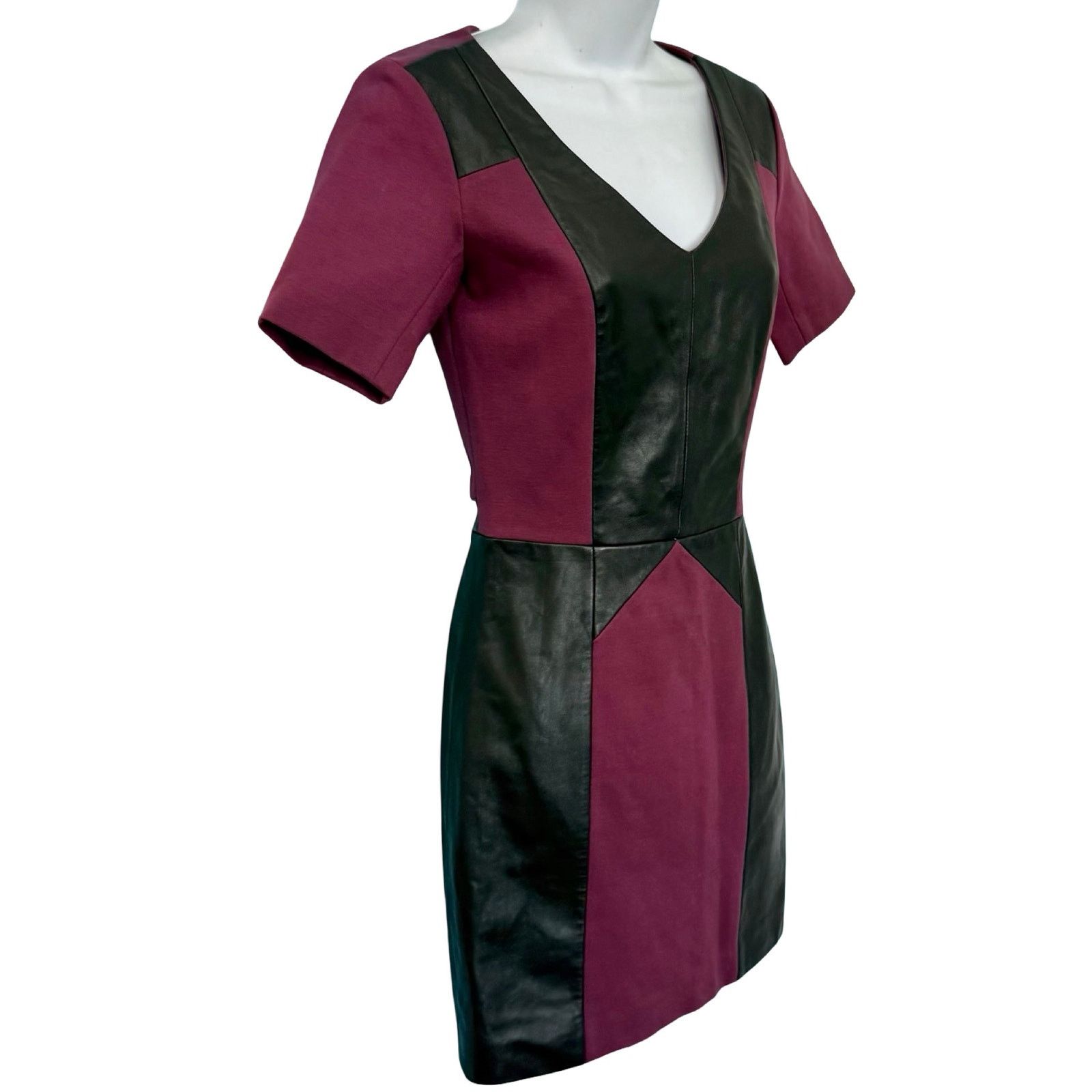 Rebecca Minkoff Plum V-Neck Black Leather Mini Dress Sz 0