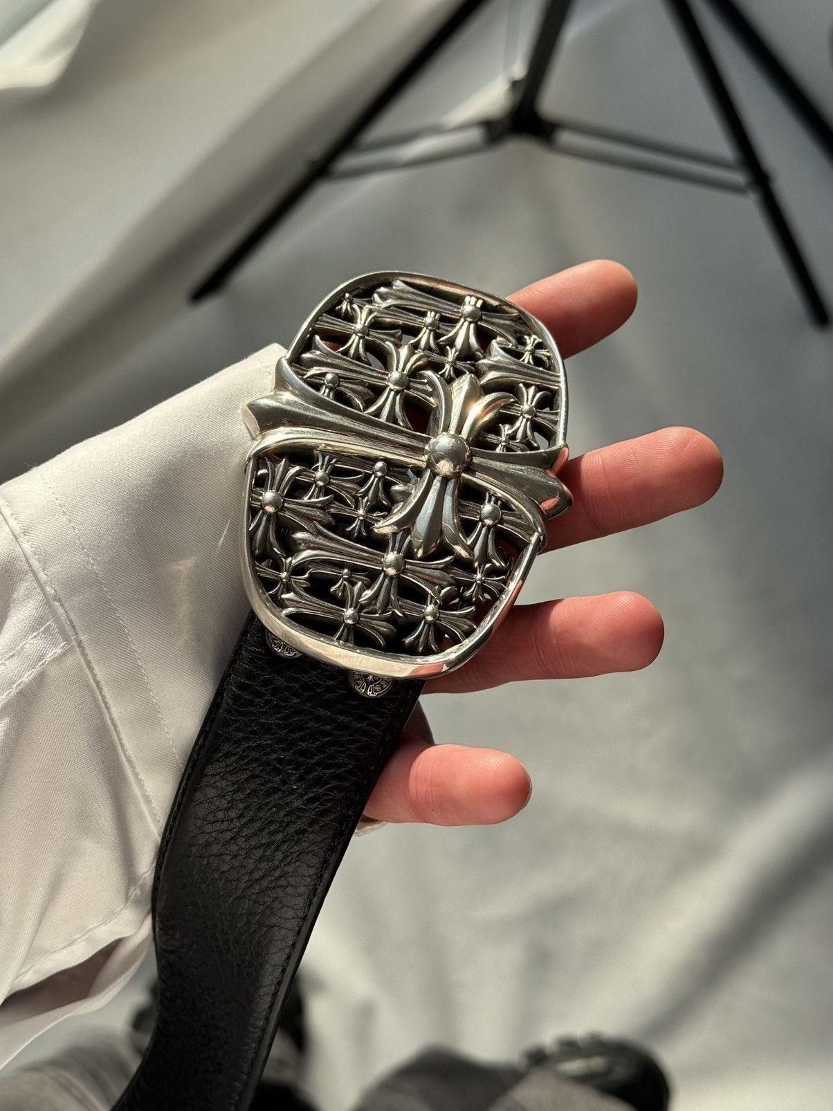 CHROME HEARTS BUCKLE CEMETERY 1.5 ベルト Chrome Hearts Cemetery Cross Patch Black Leather Belt Strap + 1.5