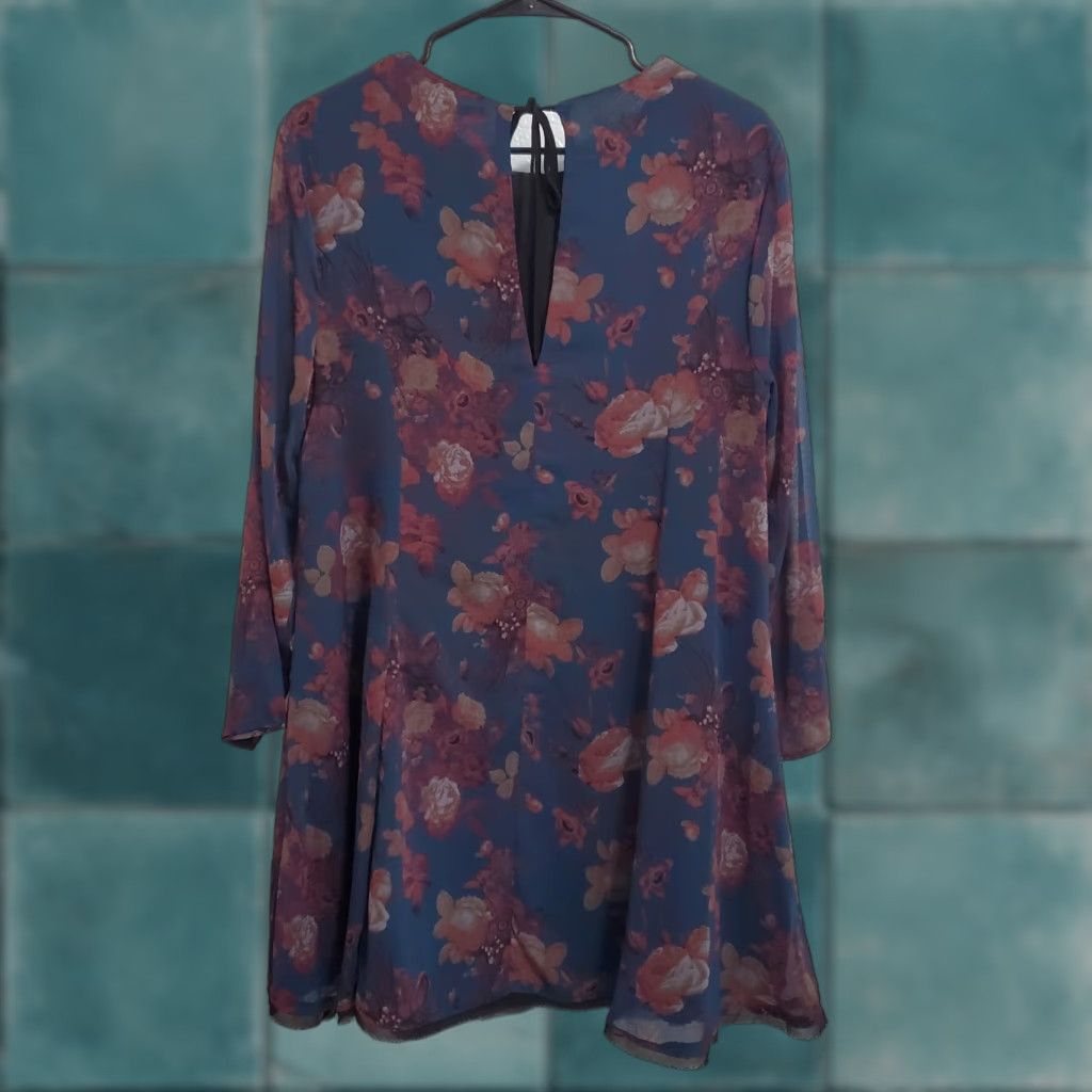 Vintage Kimchi Blue Dress Women L Blue Floral A Line Sheer Long Sleeves Lined Tie Back Eyelash Hem Boho Casual Party/Cocktail Travel Size L / US 10 / IT 46 - 1 Thumbnail
