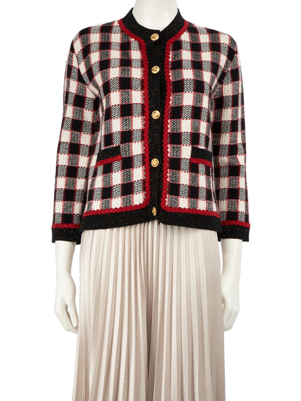 image of Gucci Checkered Wool Knit Cardigan, Women's (Size Small)