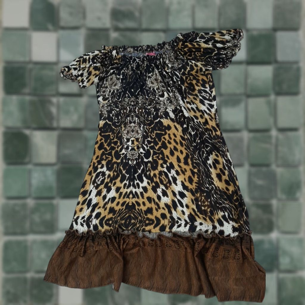 Vintage She'scool dress S Ruffled Collar Front short Sleeves Cotton cheetah Size S / US 4 / IT 40 - 1 Thumbnail