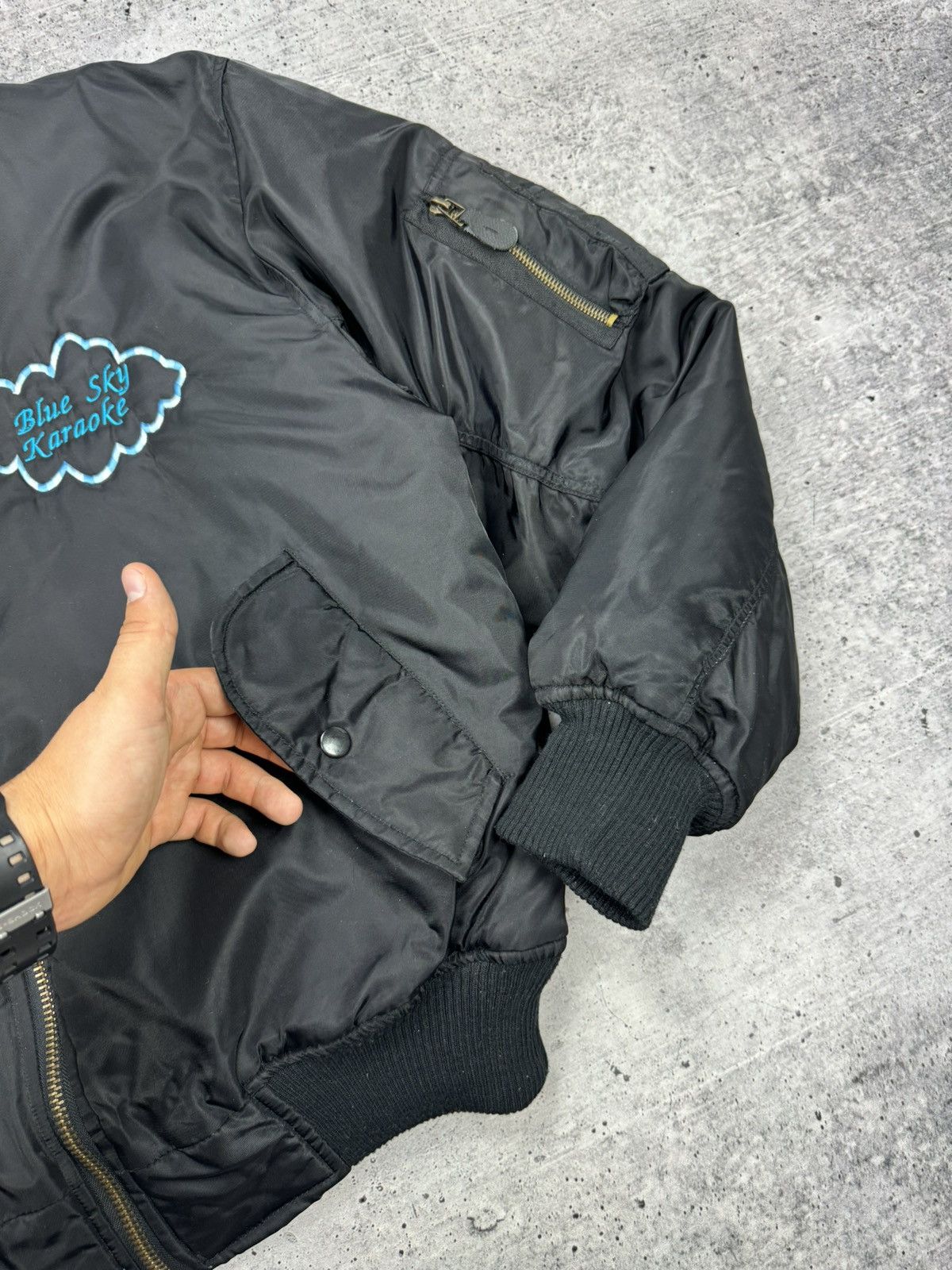 Vintage MA1 Bomber Jacket Big Logo Blue Sky Karaoke 90's Y2K