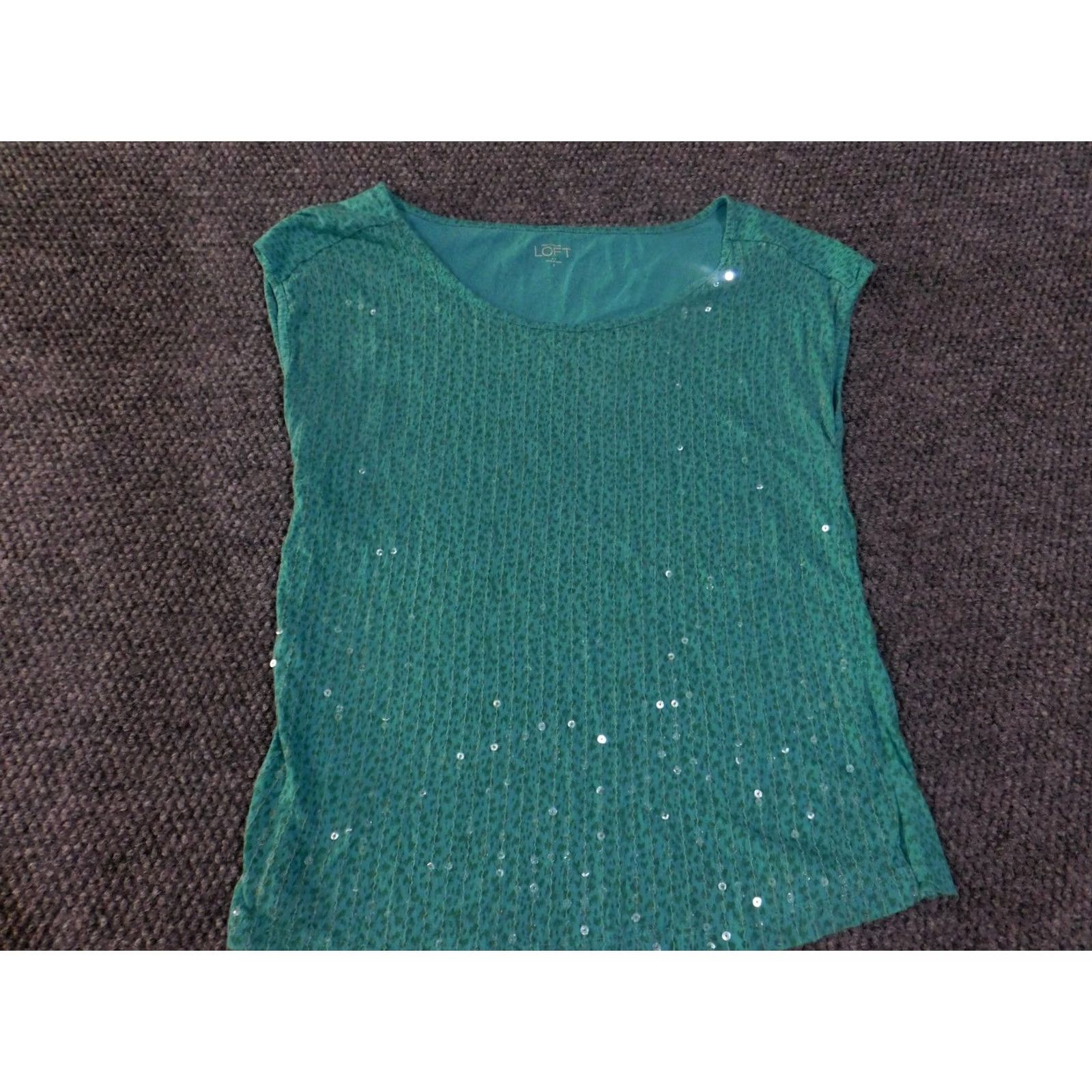 Loft ANN TAYLOR LOFT Shirt Womens Small Green Sequin Scoop Neck Cap Sleeve Top Casual Size S / US 4 / IT 40 - 3 Thumbnail