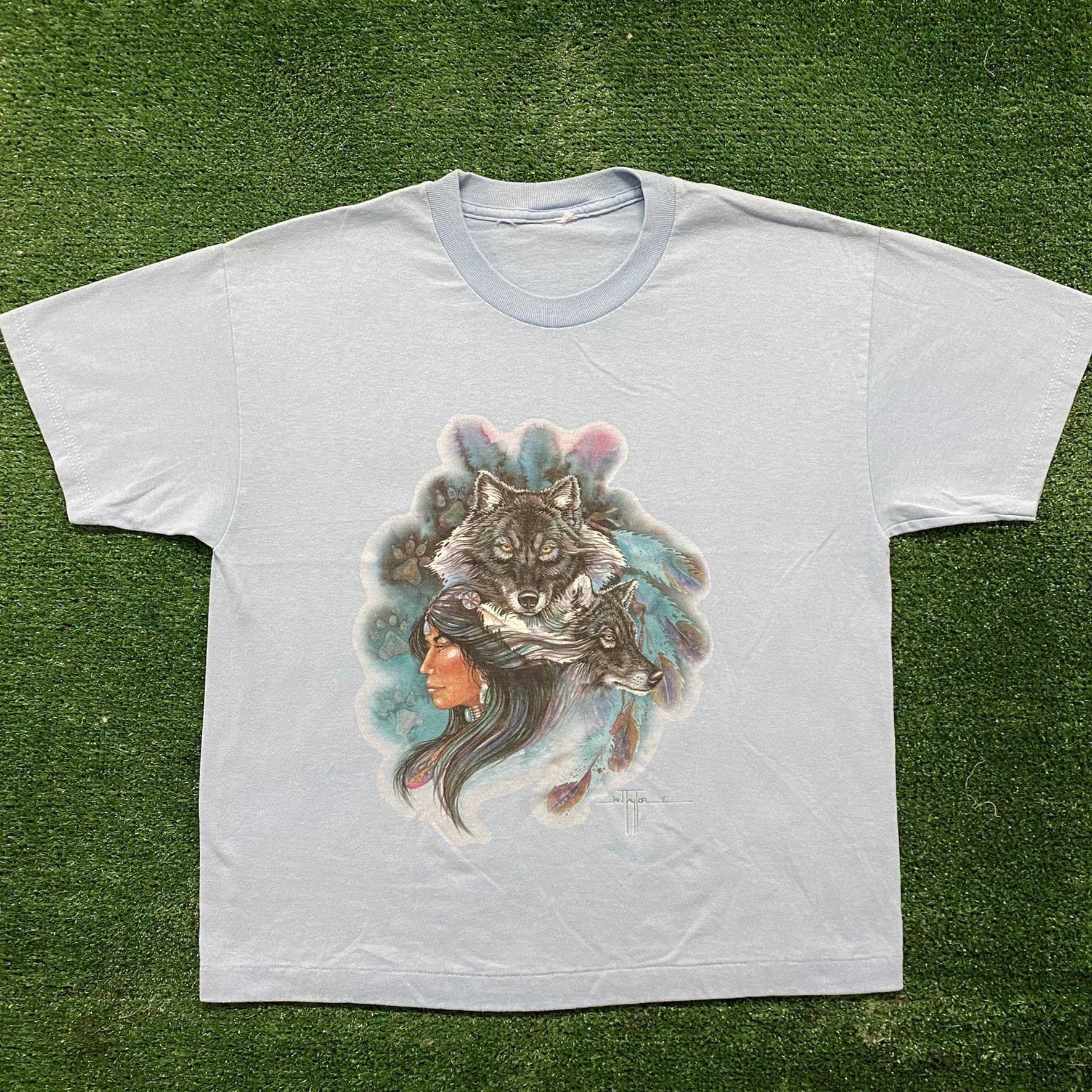 Vintage Vintage 90s Wolf Native American T-Shirt Single Stitch Natur Size US M / EU 48-50 / 2 - 1 Thumbnail