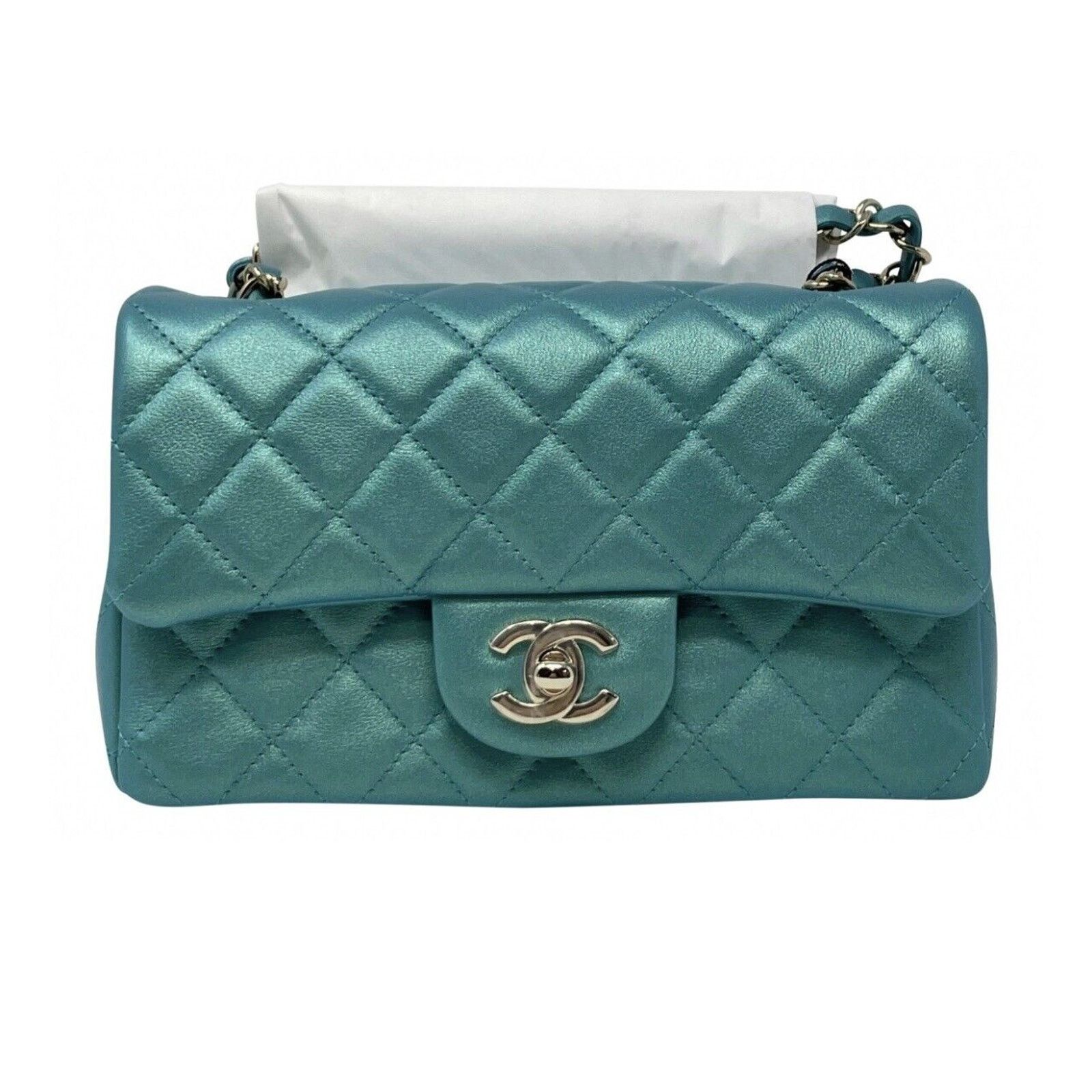 Chanel Mini Rectangular Classic 21S Green Iridescent Flap