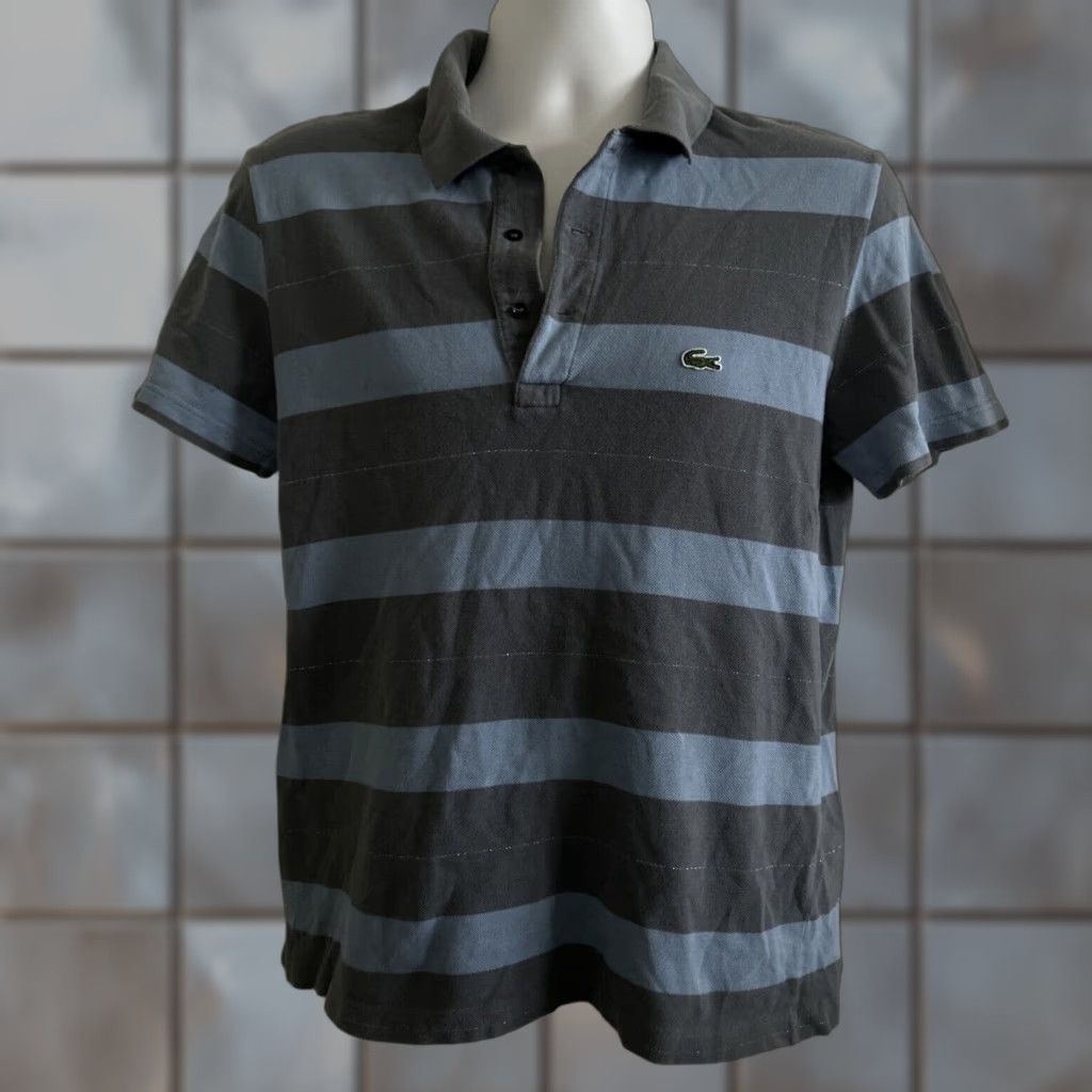Lacoste Polo Shirt Men Regular M Blue Gray Striped Colorblock