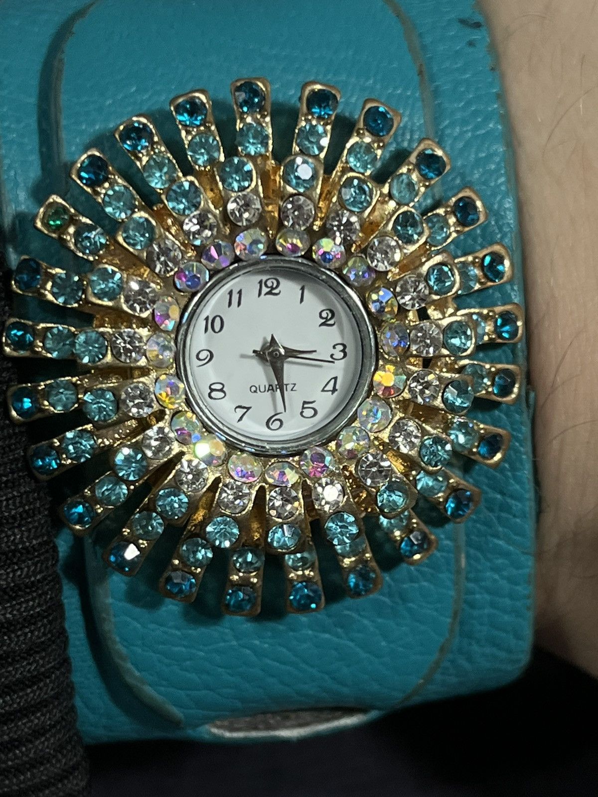 Jewelry Turquoise Crystal Sunburst Cuff Watch Bracelet Size ONE SIZE - 7 Thumbnail