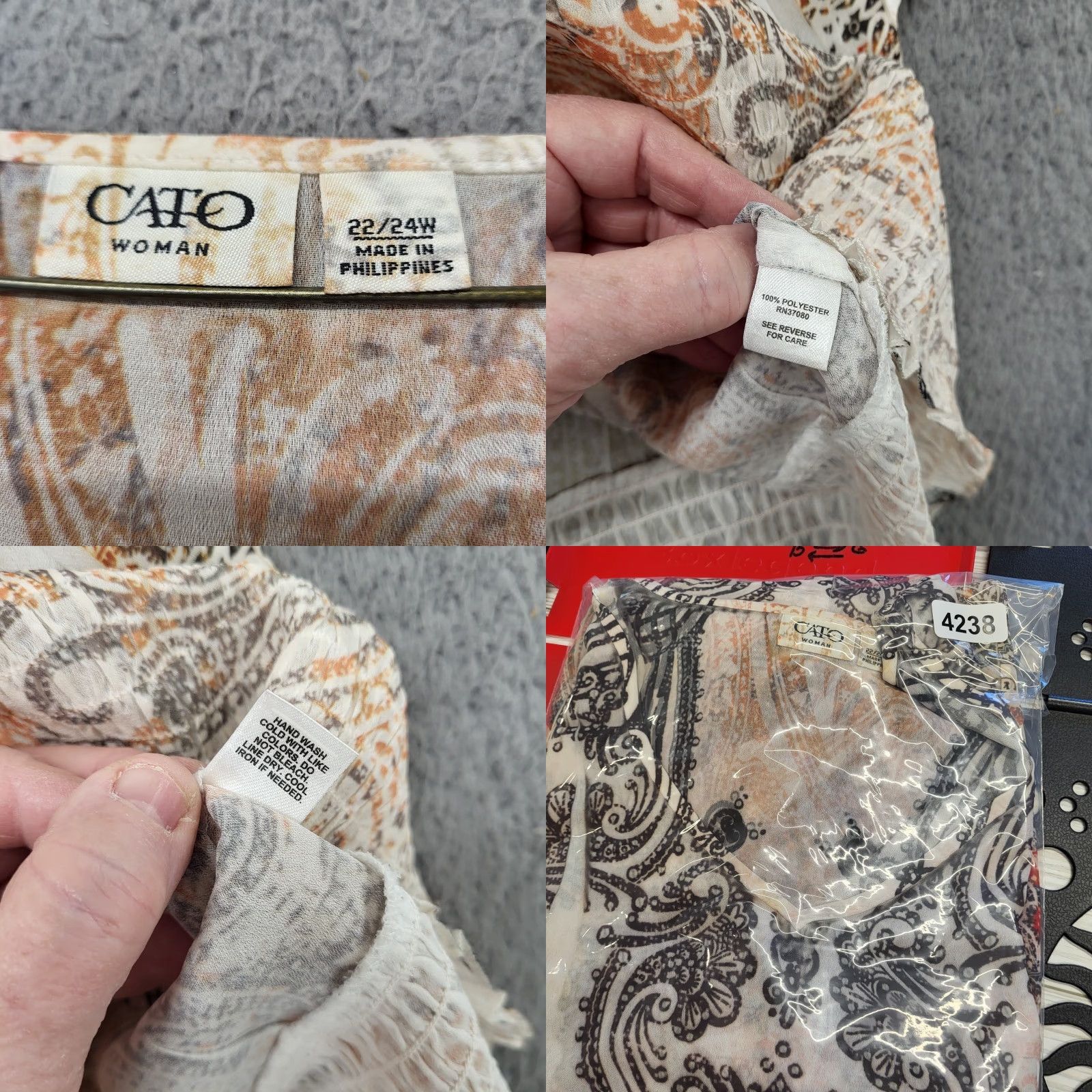 Vintage CATO Blouse Women's Plus Size 22/24W Creamy Browns Round Neck Boho Western Top Shirt Womens Bohemian Paisley Flutter Sleeve Short Sleeve Casual Size 3XL / US 20-22 - 9 Thumbnail