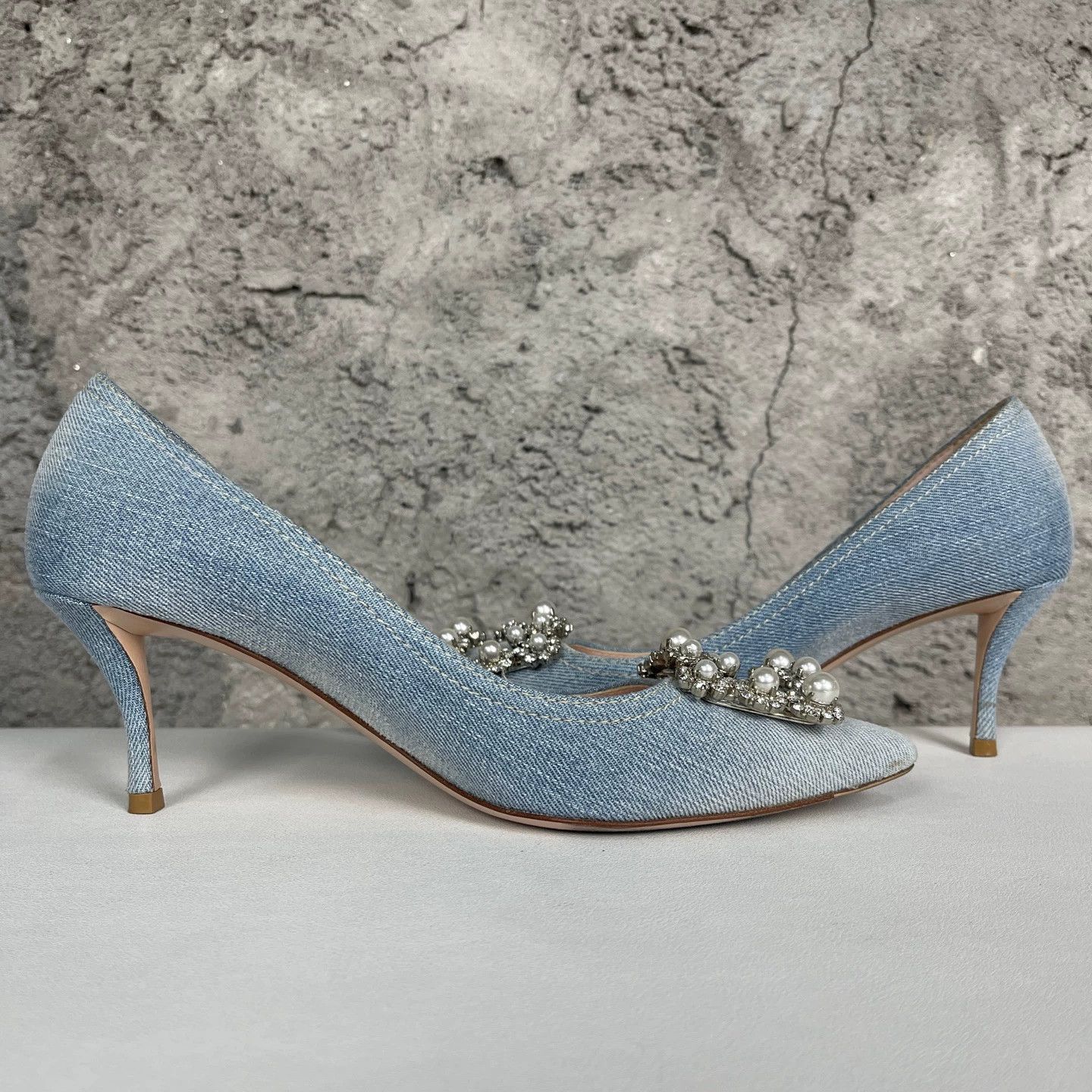 Roger Vivier RV Crystal Buckle Denim Pointed-Toe Women's Heels Size US 6 / IT 36 - 5 Thumbnail