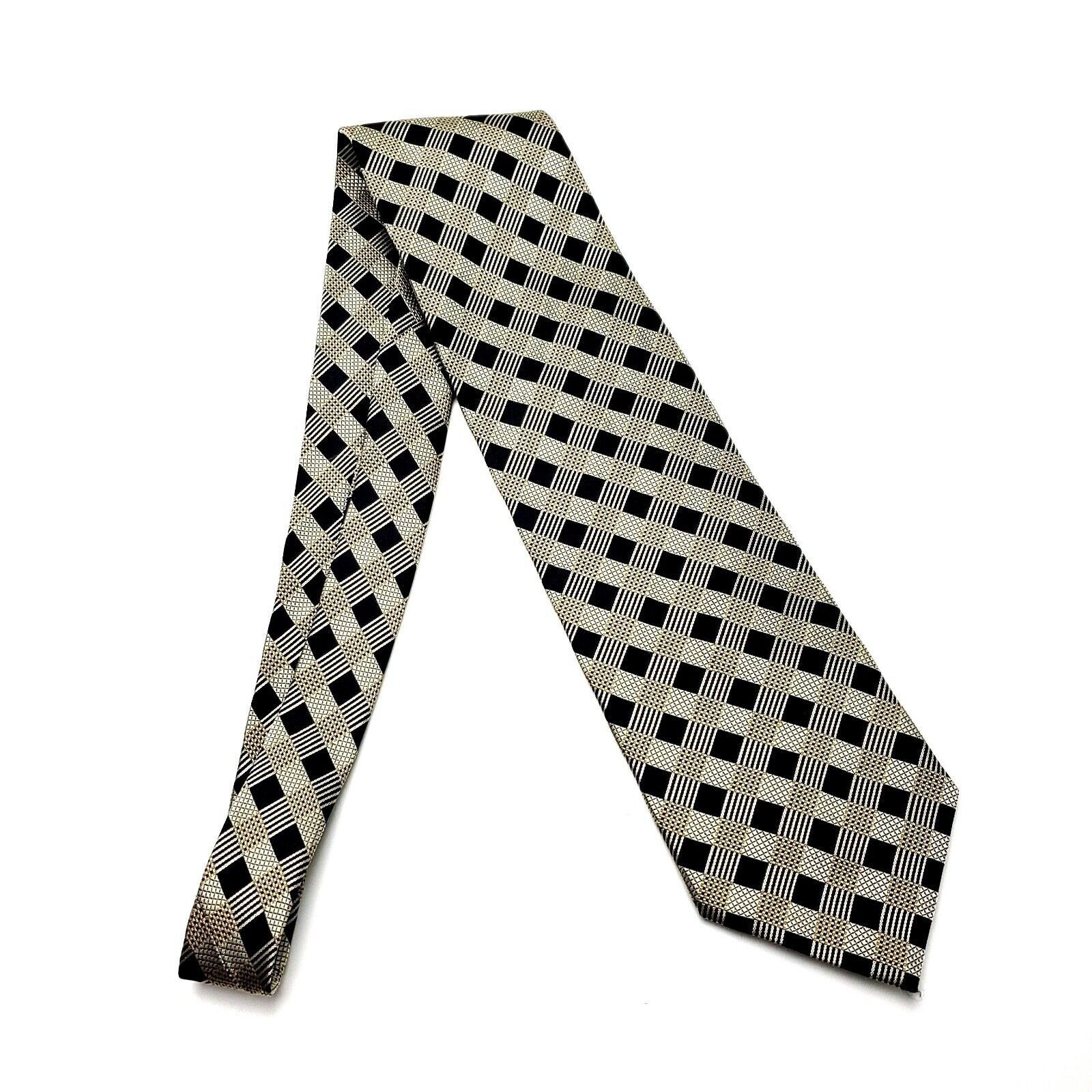 Robert Villini Roberto Villini Silk Tie Woven Black Gold Plaid Wide Size ONE SIZE - 6 Thumbnail