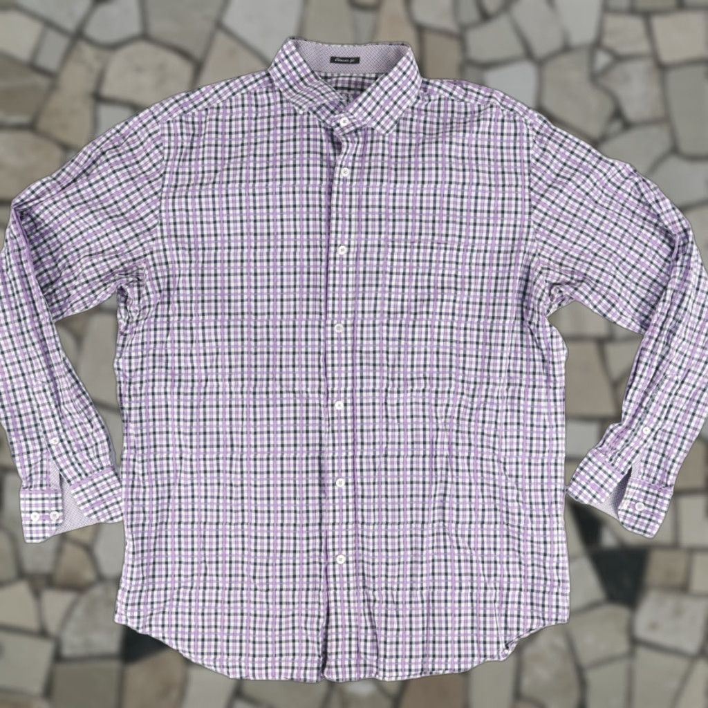 BUGATCHI Bugatchi Shirt Men's XL Purple Gingham Long Sleeve Button Up Shirt Classic Fit Cotton Size US XL / EU 56 / 4 - 1 Thumbnail