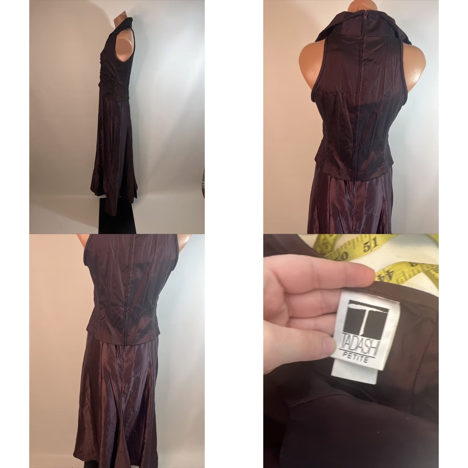 Tadashi Shoji VINTAGE Tadashi Shoji Petite Iridescent Satin A-Line Collared Dress 6P Purple Sleeveless Cap Sleeve Long 90s Brides Formal Party/Cocktail Womens Size M / US 6-8 / IT 42-44 - 8 Thumbnail