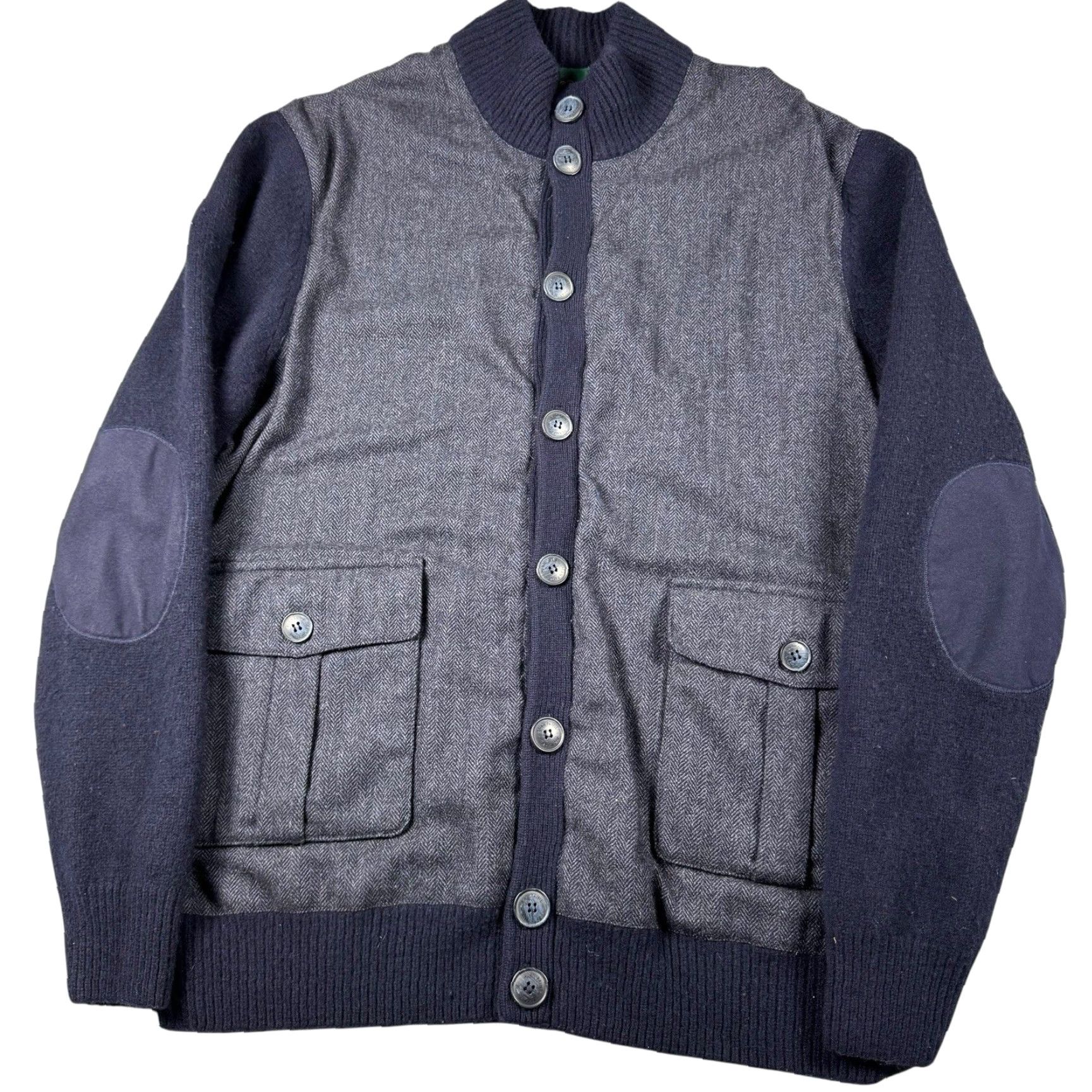Vintage VINTAGE Alan Paine Cardigan Men 44 Herringbone Wool Tweed Mock Neck Elbow Patch Tweed Heavyweight Pockets Blue Wool/Grey University Retro Dad Mens Size US XXL / EU 58 / 5 - 3 Thumbnail