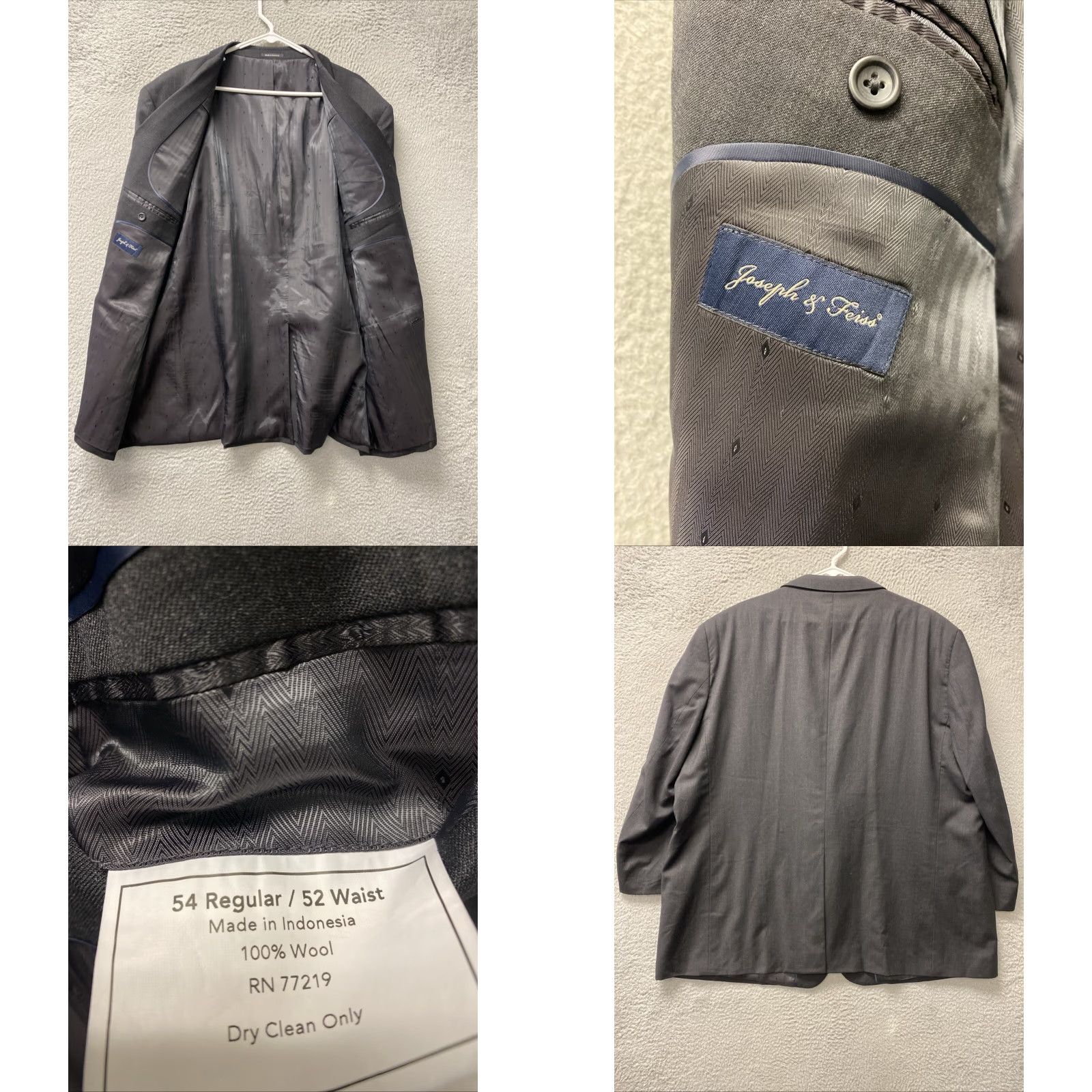Joseph JOSEPH & FEISS Blazer Men's 54R Sport Coat Tuxedo Wool Gray Regular Sleeve 33" Sports Size 54R - 8 Thumbnail
