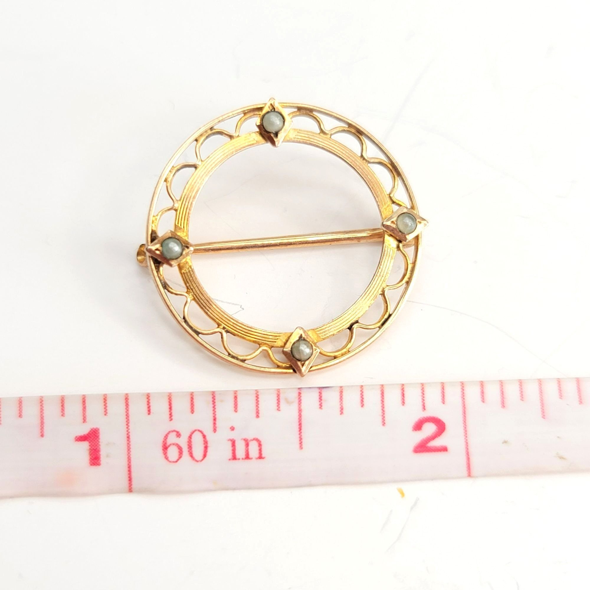 Vintage Antique Krementz 10k Gold Pin Brooch Round Seed Pearl Scallo Size ONE SIZE - 3 Thumbnail