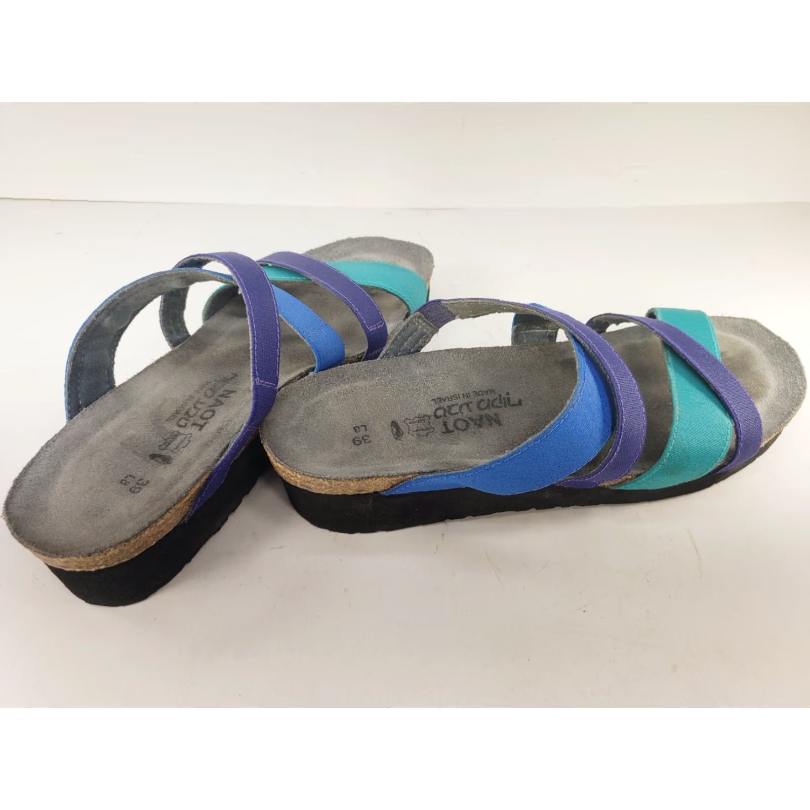 Vintage Naot Roxanna Sandals Strappy Aqua Blue Combo Leather Cork Insole Womens Sz 8 Slip On Beach Outdoor Casual Size US 8 / IT 38 - 4 Thumbnail