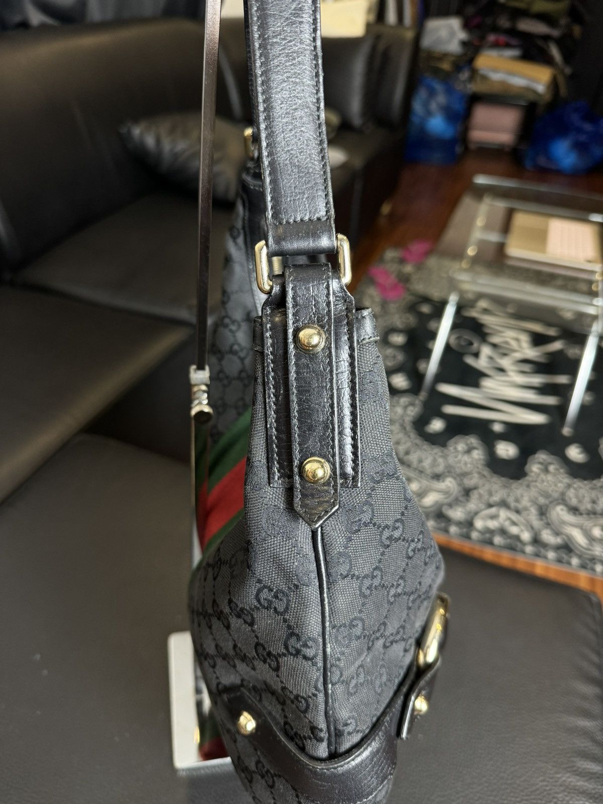 Gucci Gucci Black GG Canvas and Leather Horsebit Web Hobo Size ONE SIZE - 6 Thumbnail