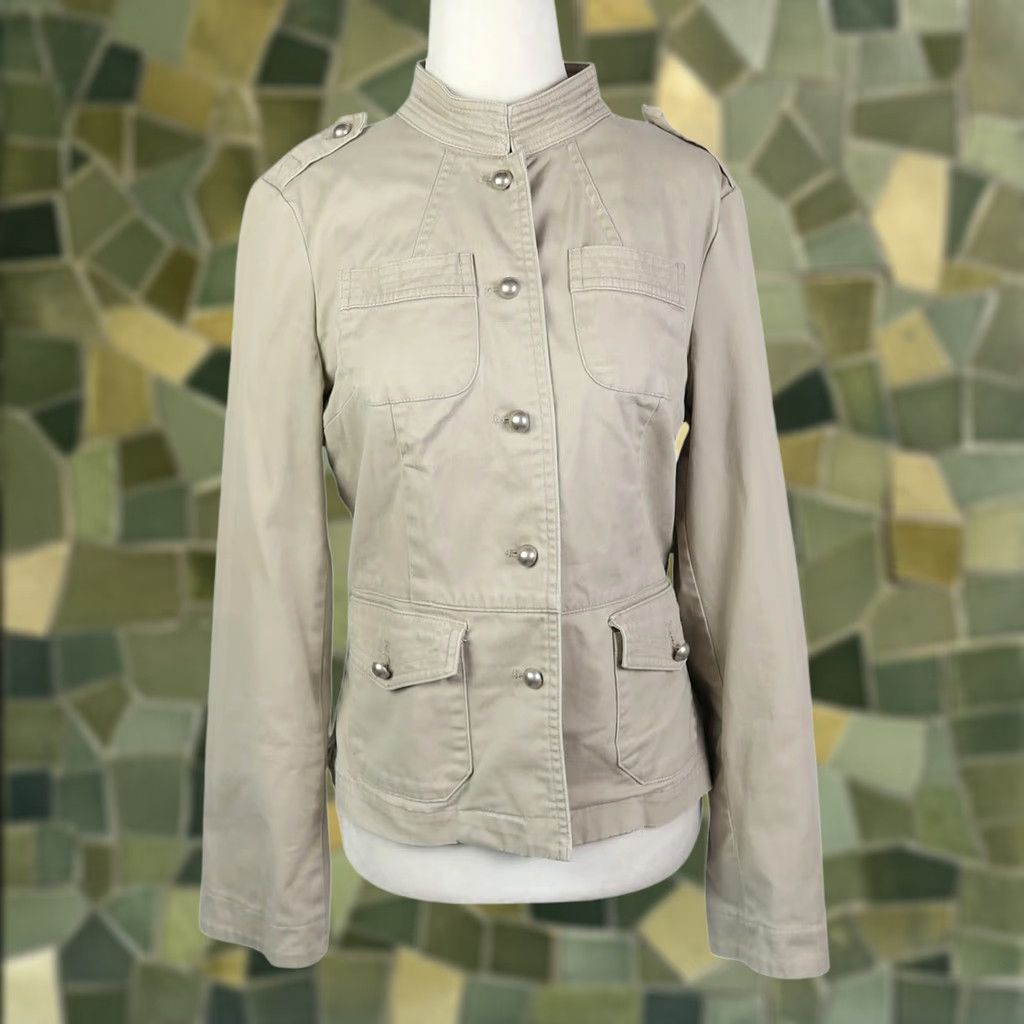 Mossimo VINTAGE Mossimo Jacket Women's Khaki Tan Button Front Band Short Cotton S Long Sleeve Bohemian Fall Spring 2000s Men/Women Size S / US 4 / IT 40 - 1 Thumbnail