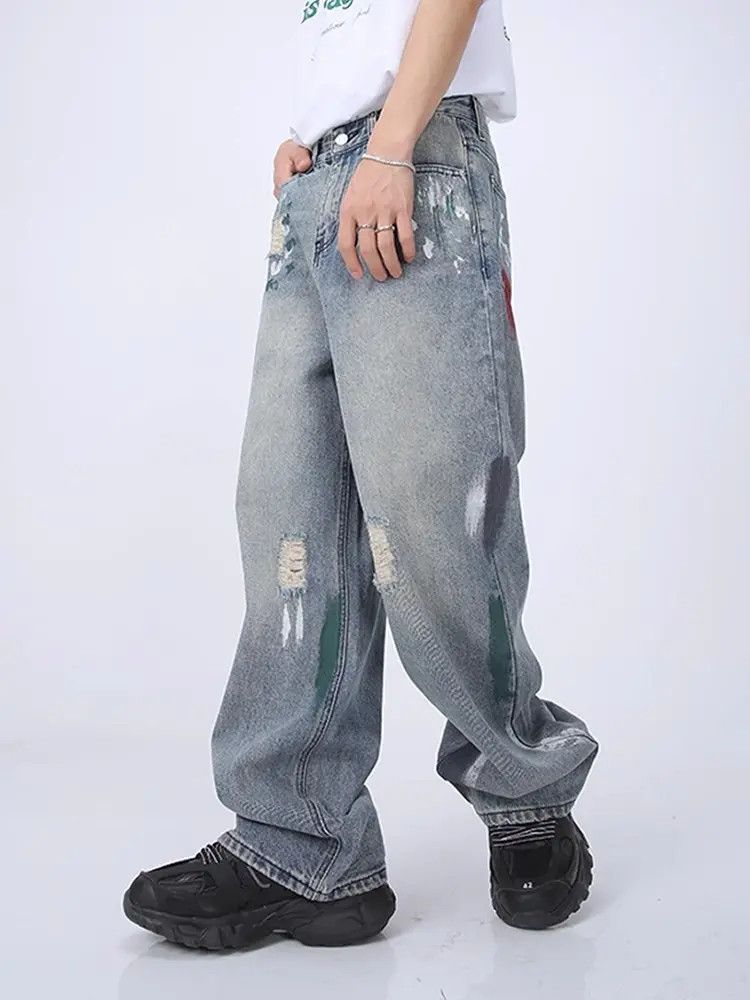 Japanese Brand Retro loose wide leg ripped jeans Size US 34 / EU 50 - 4 Thumbnail