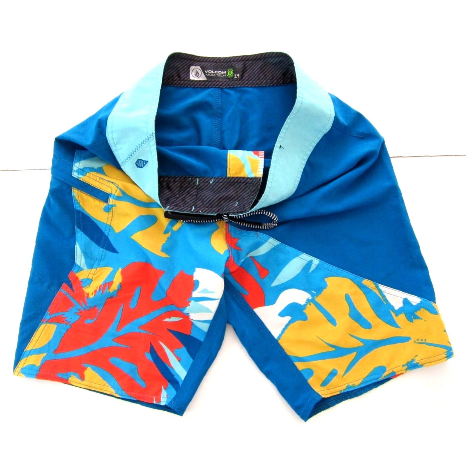 Volcom Volcom Mod Tech Board Short 29 Blue Red Yellow Pocket Stretch Surf Beach Swim Mens 30" Waist 11.5" Rise 41" Hip 9" Inseam Size US 29 - 6 Thumbnail