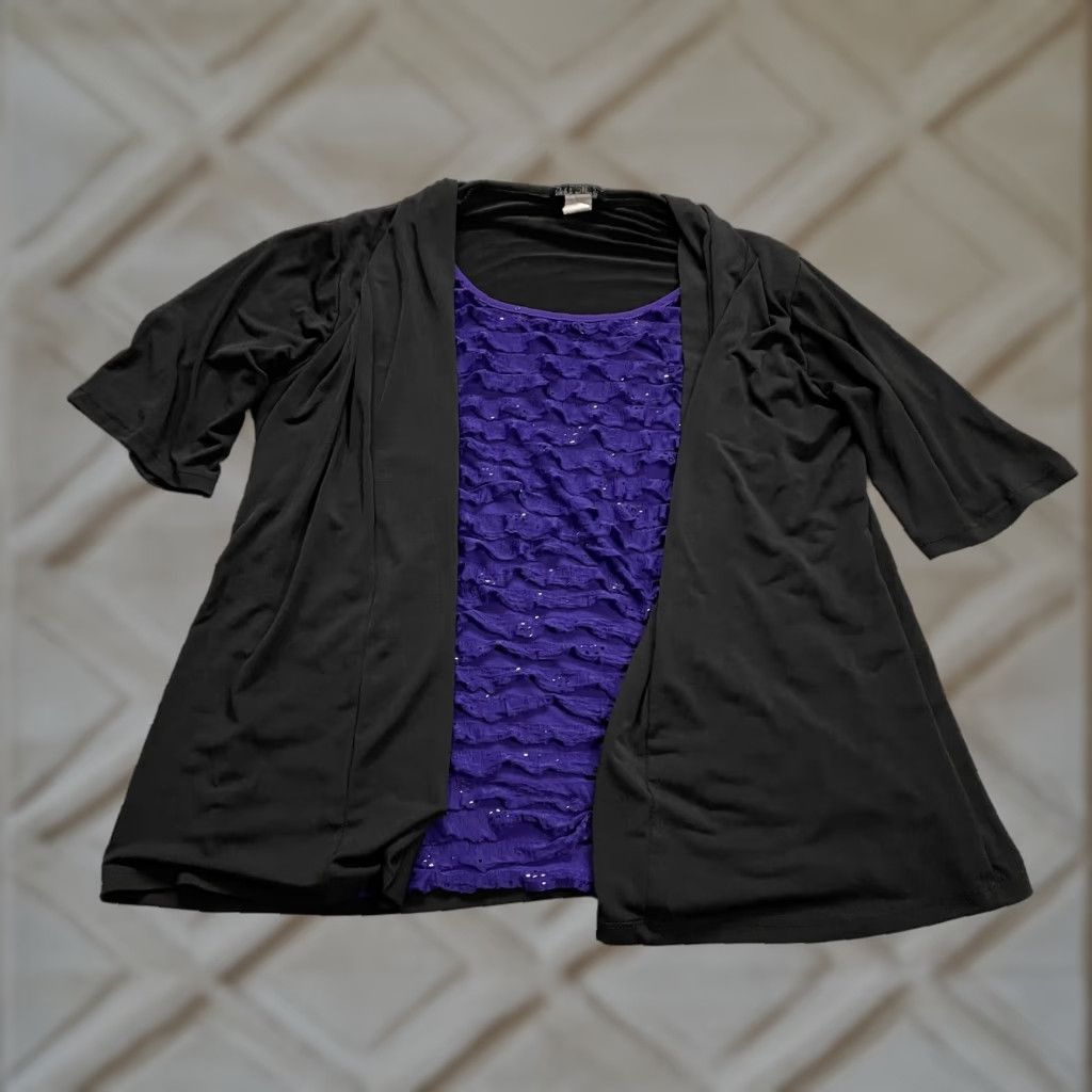 Doublet Double Take Blouse Womens XL Black Blue Short Sleeve Ruffles Stretch Casual Top Size XL / US 12-14 / IT 48-50 - 1 Thumbnail