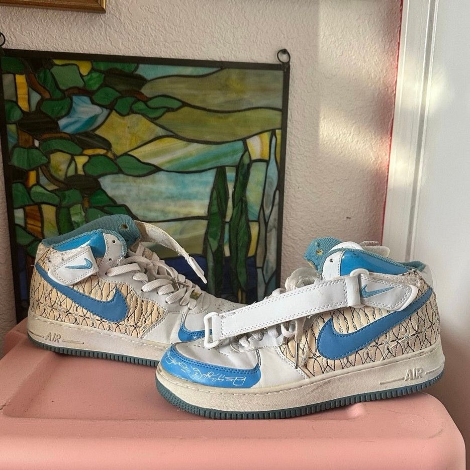 Nike nike air force high top white cream blue tennis shoes Size US 9 / IT 39 - 4 Thumbnail