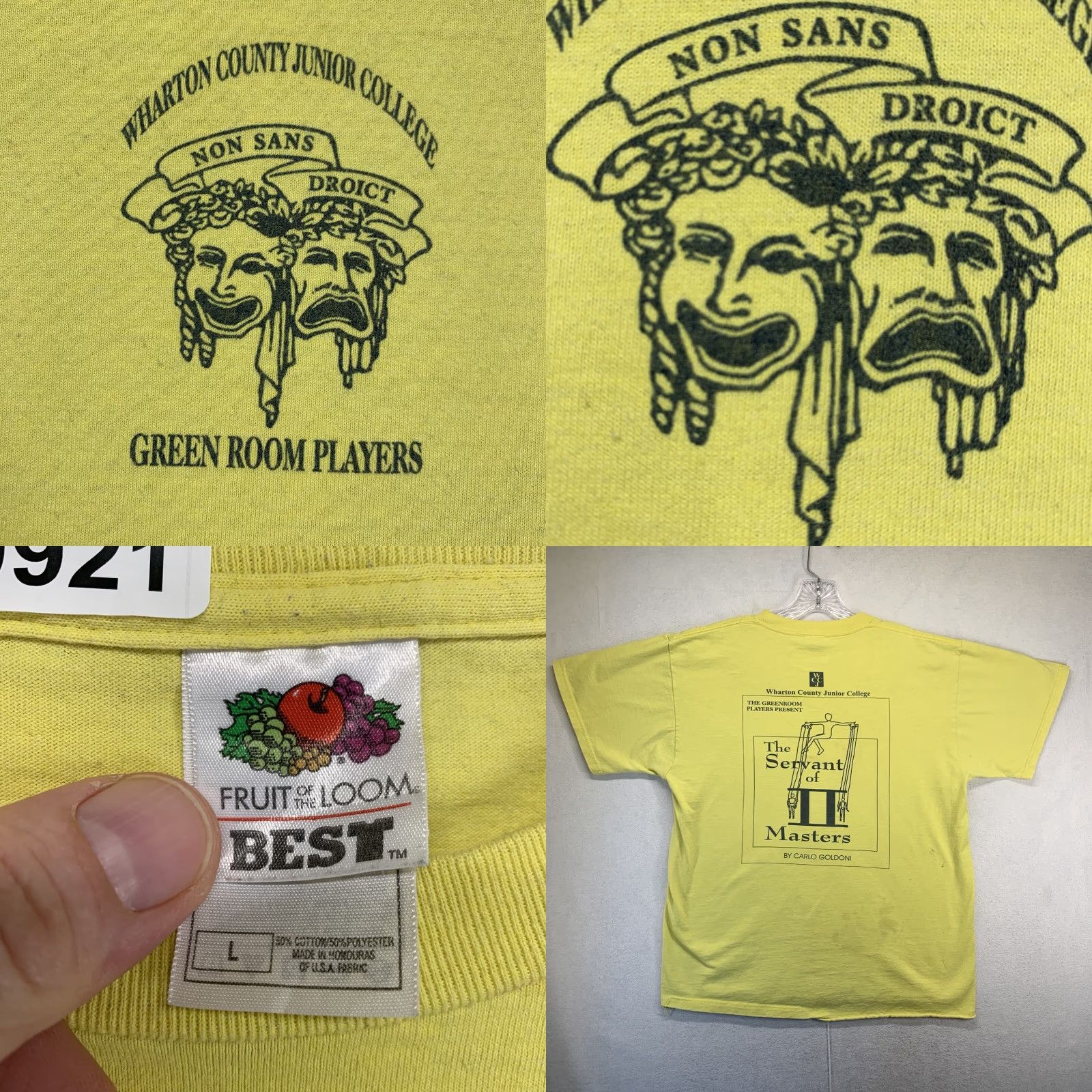 Fruit Of The Loom VINTAGE Wharton County Junior College GREENWOOD PLAYERS T-Shirt Adult L Yellow Graphic Print 90s College Texas Mens Size US L / EU 52-54 / 3 - 8 Thumbnail