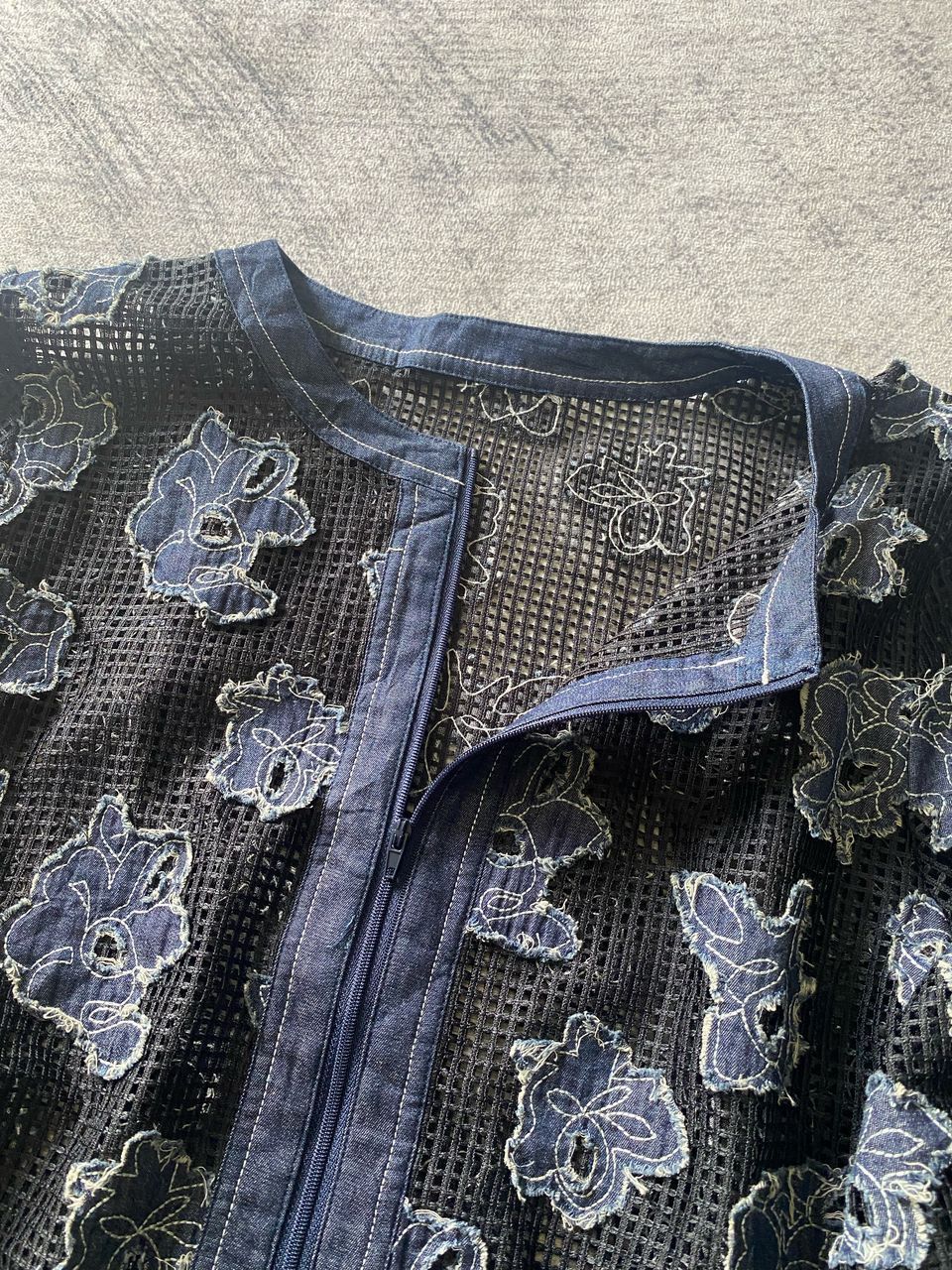 Jean × Le Grande Bleu (L.G.B.) Jean Crement Mash Floral Motive Indigo Boxy Cardigan Jacket Size L / US 10 / IT 46 - 4 Thumbnail