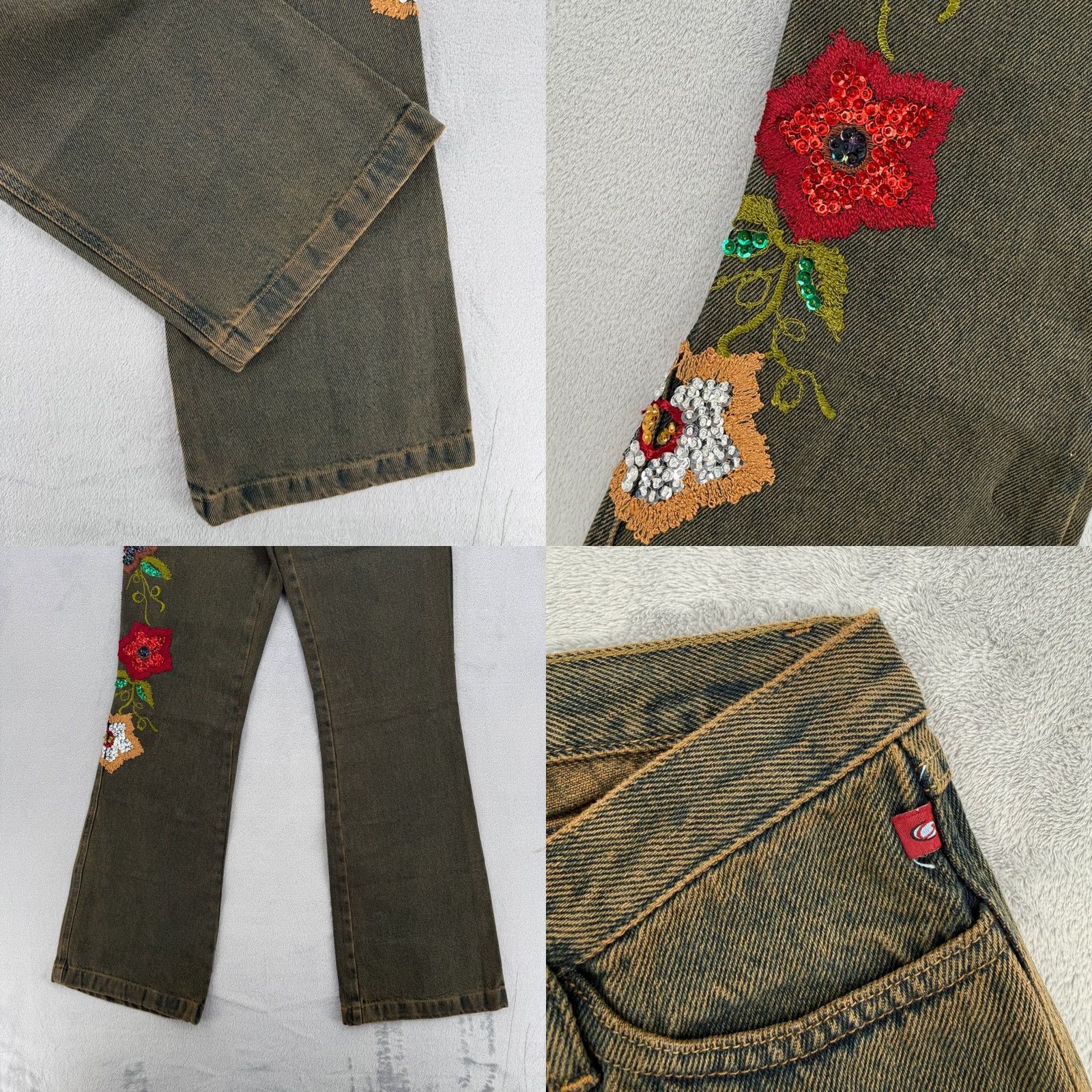 Olive VINTAGE Floral Embroidered Sequin Tinted Wash Flare Jeans Olive Brown Size 6 Size 28" / US 6 / IT 42 - 8 Thumbnail