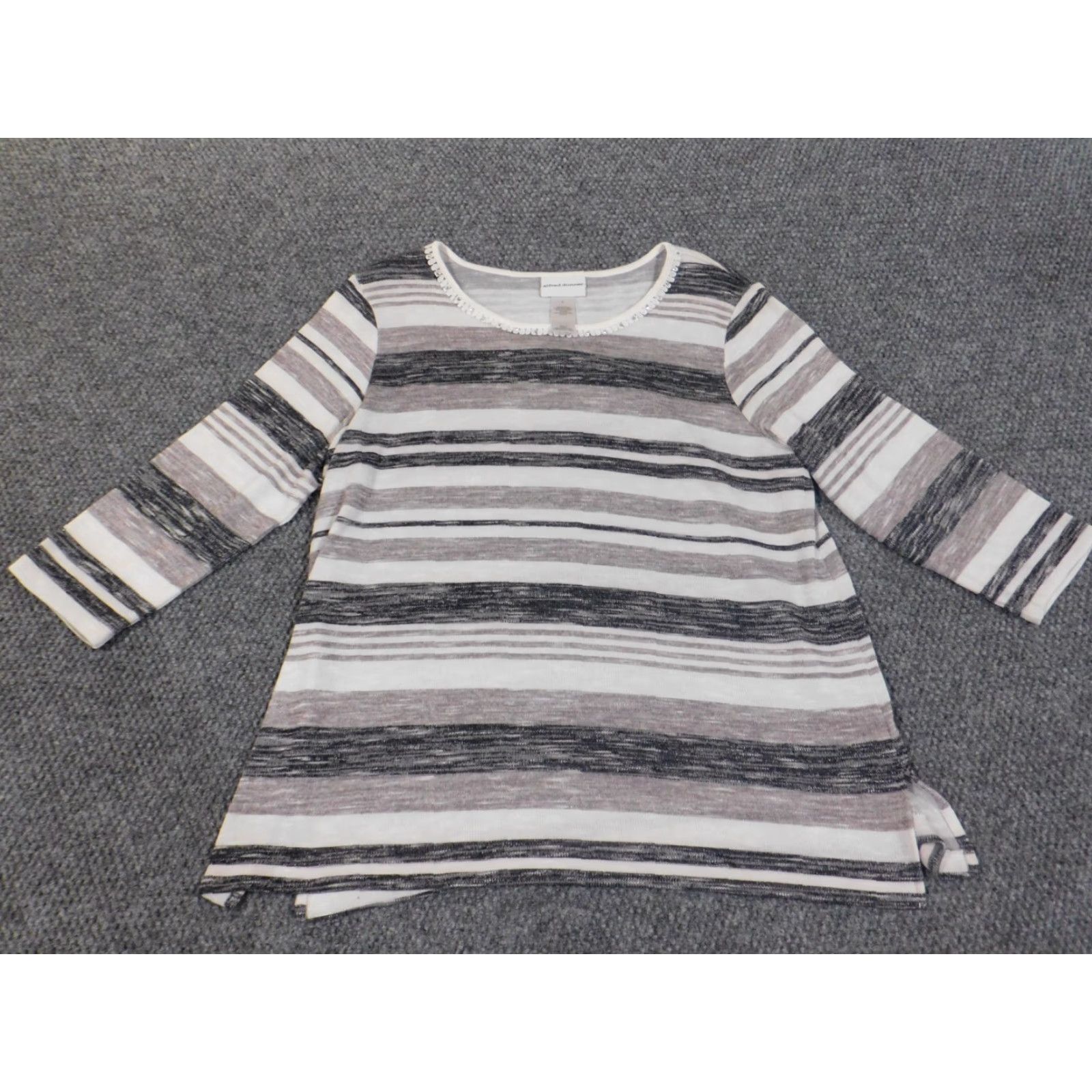 Vintage Alfred Dunner Sweater Women L Gray Striped Pullover Knit Raglan Sleeve Crew Neck Stretch Embellishments Vintage No Size L / US 10 / IT 46 - 4 Thumbnail