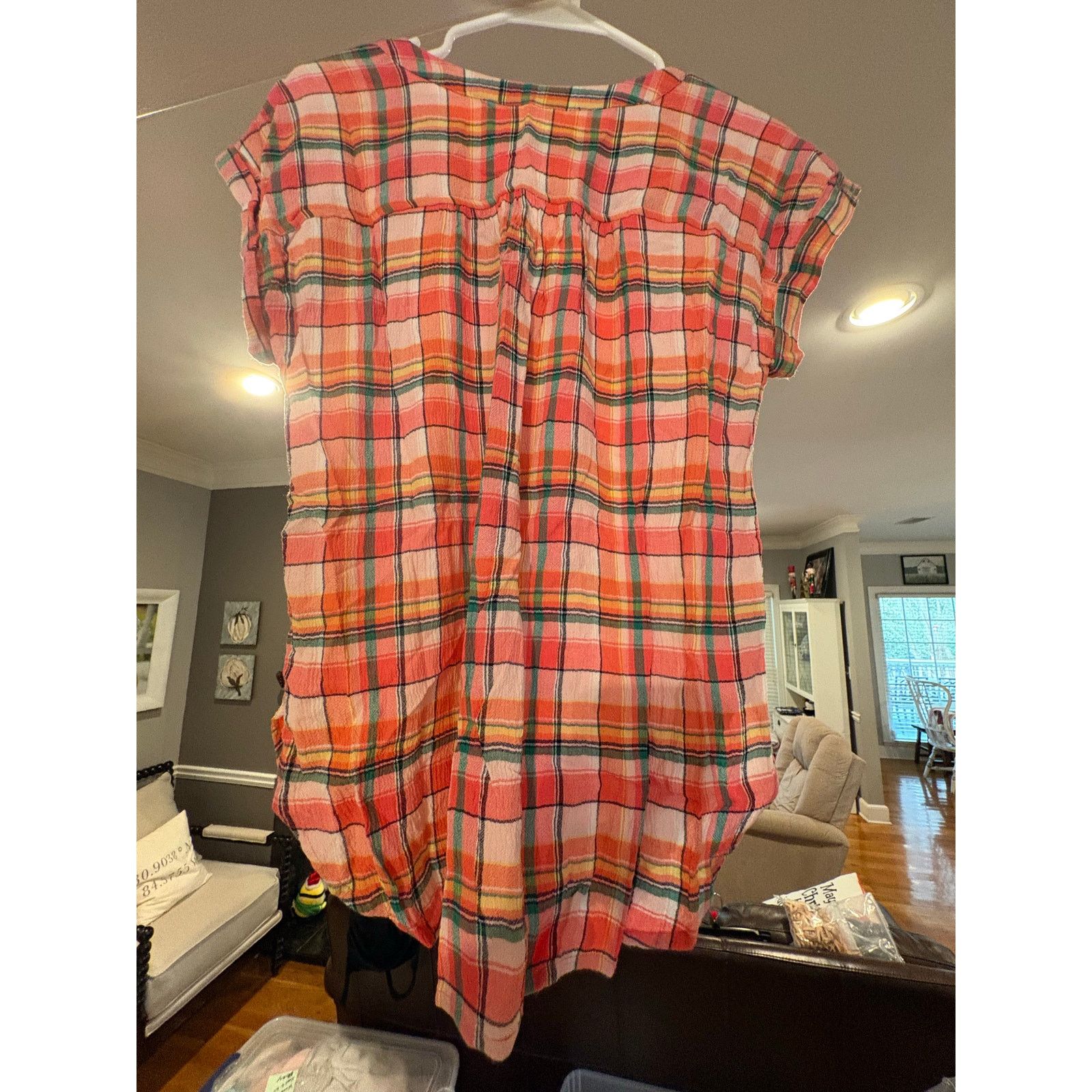 Loft LOFT Plaid Tunic Top XS Pink Orange Green Short Sleeve Size XS / US 0-2 / IT 36-38 - 2 Thumbnail