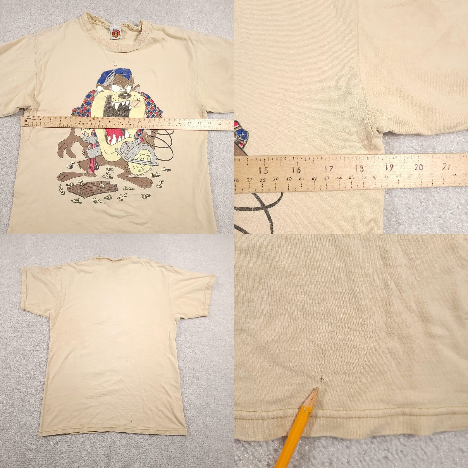 Vintage VINTAGE Looney Tunes Taz Shirt Mens Medium Beige 90s Cartoon Carpenter Saw Graphic Print Distressed Mens T-Shirt Size US M / EU 48-50 / 2 - 11 Thumbnail