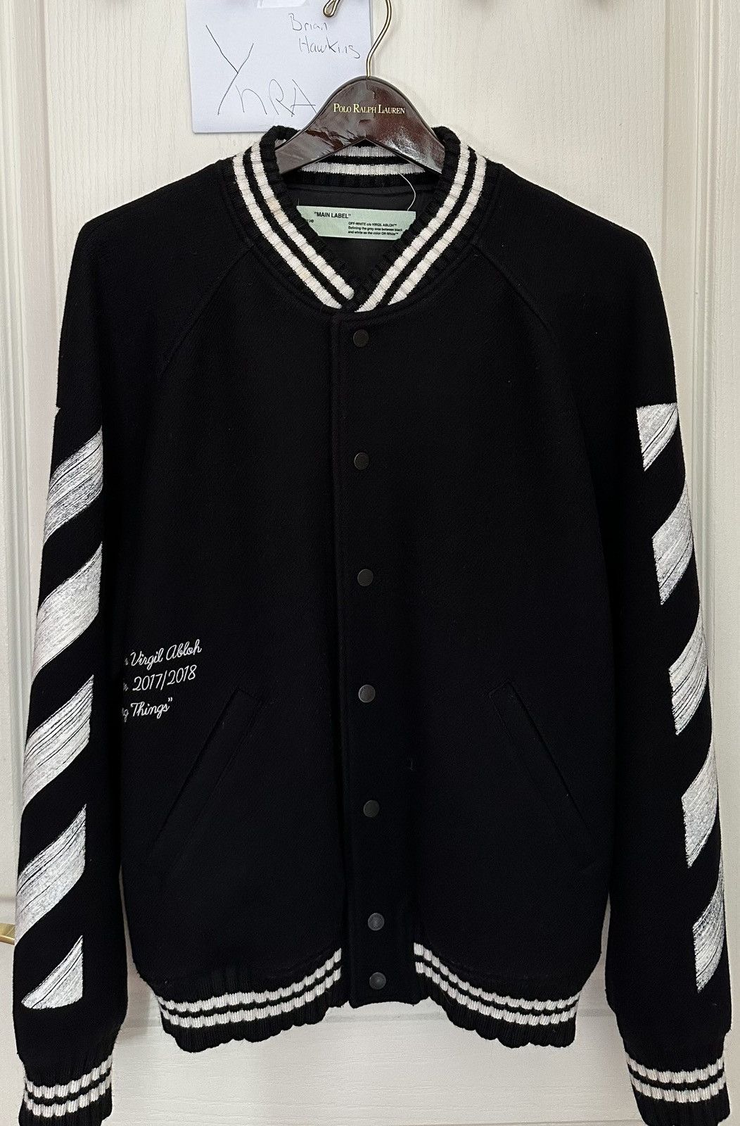 Off-White Off-White Black Wool Brushed Print Varsity Bomber Size US M / EU 48-50 / 2 - 1 Thumbnail