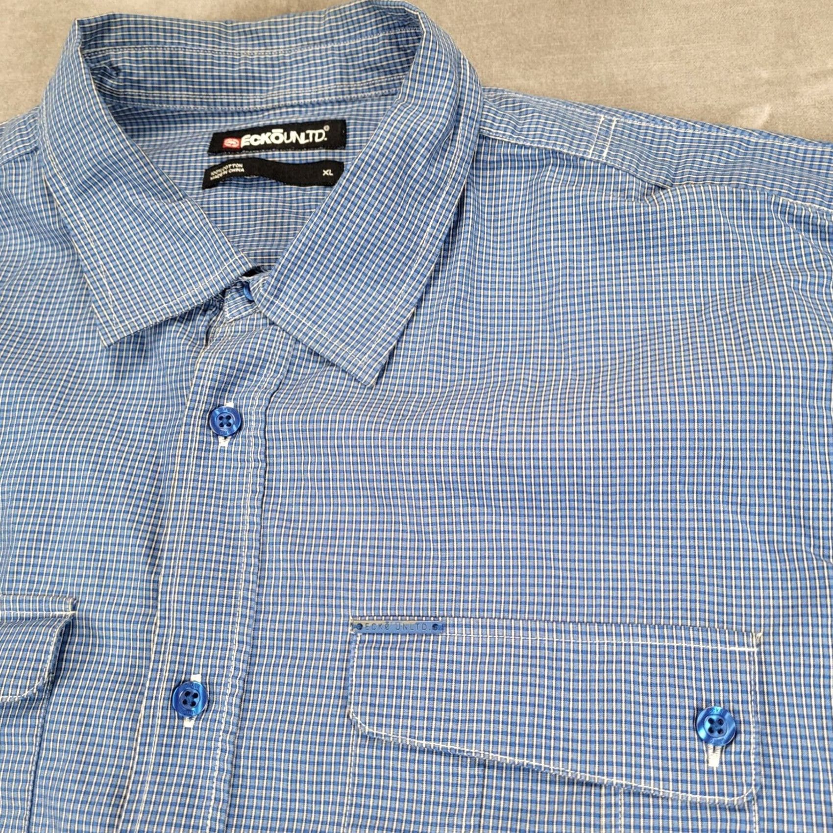 Ecko Unltd. Ecko Unltd Mens XL Blue White Micro Gingham Plaid Long Sleeve Button-Down Shirt Size US XL / EU 56 / 4 - 2 Thumbnail