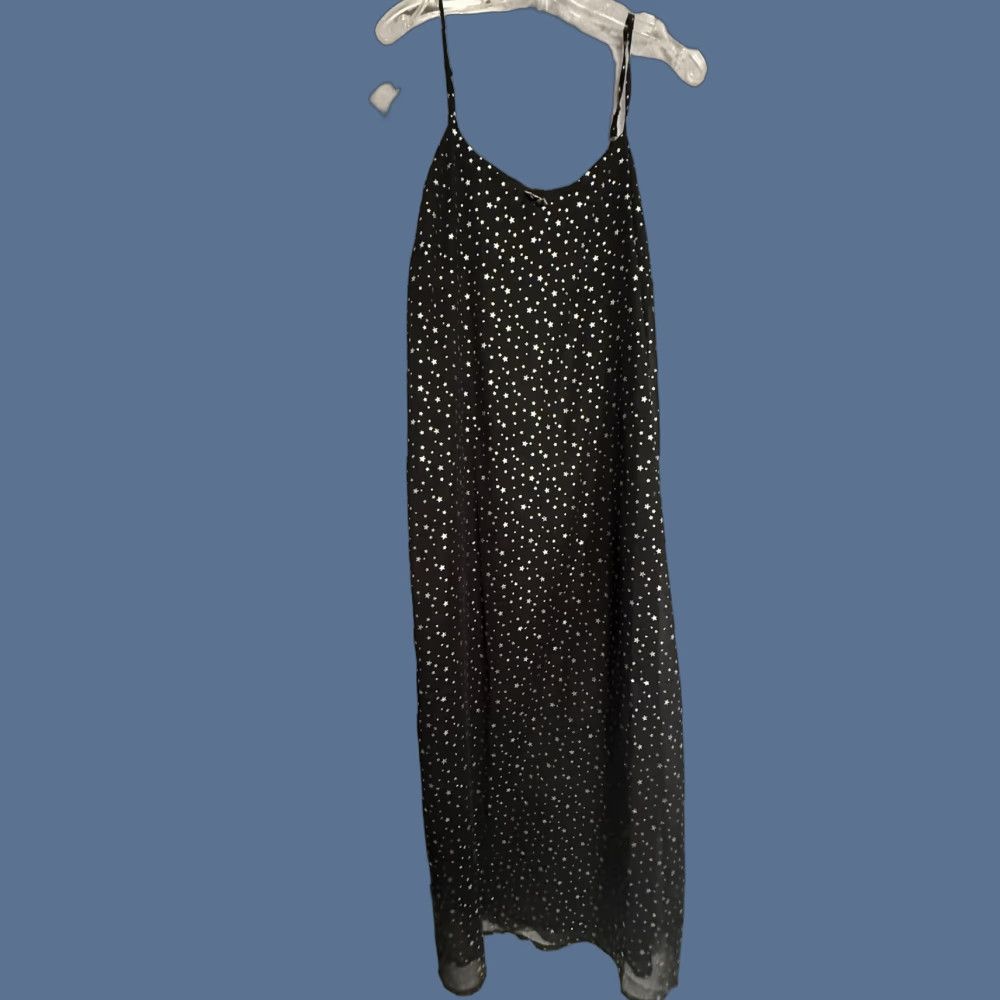 Vintage Andrée By Unit Dress Womens M Black Star Print Chiffon Slip Maxi Celestial Sleeveless V-Neck Strappy Sleeve Pullover Lightweight Lined Polyester Size M / US 6-8 / IT 42-44 - 1 Thumbnail