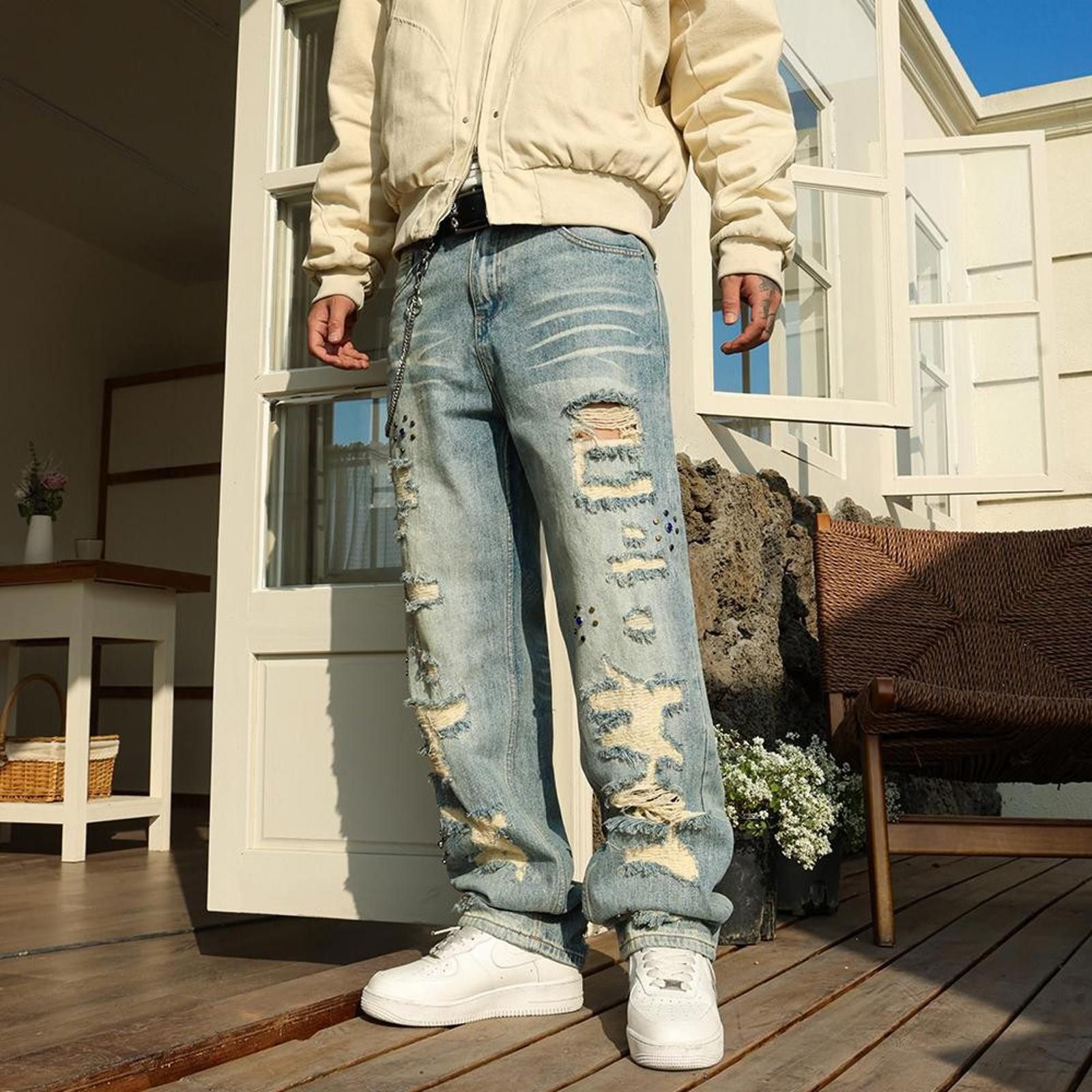 Jean × Vintage Retro Street Jeans – Ripped, Patched, Loose Leg Fit Size US 34 / EU 50 - 1 Thumbnail