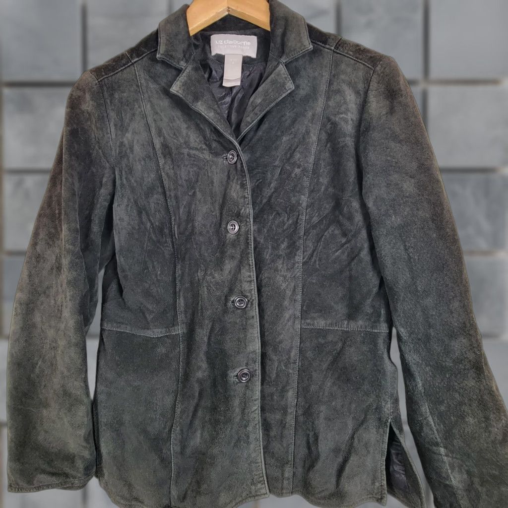 Liz Claiborne Liz Claiborne Blazer Jacket Women's PS Petite Black Suede Mid-Length Button Long Sleeve Lined Polyester City Casual Workwear Fall Winter Size S / US 4 / IT 40 - 1 Thumbnail