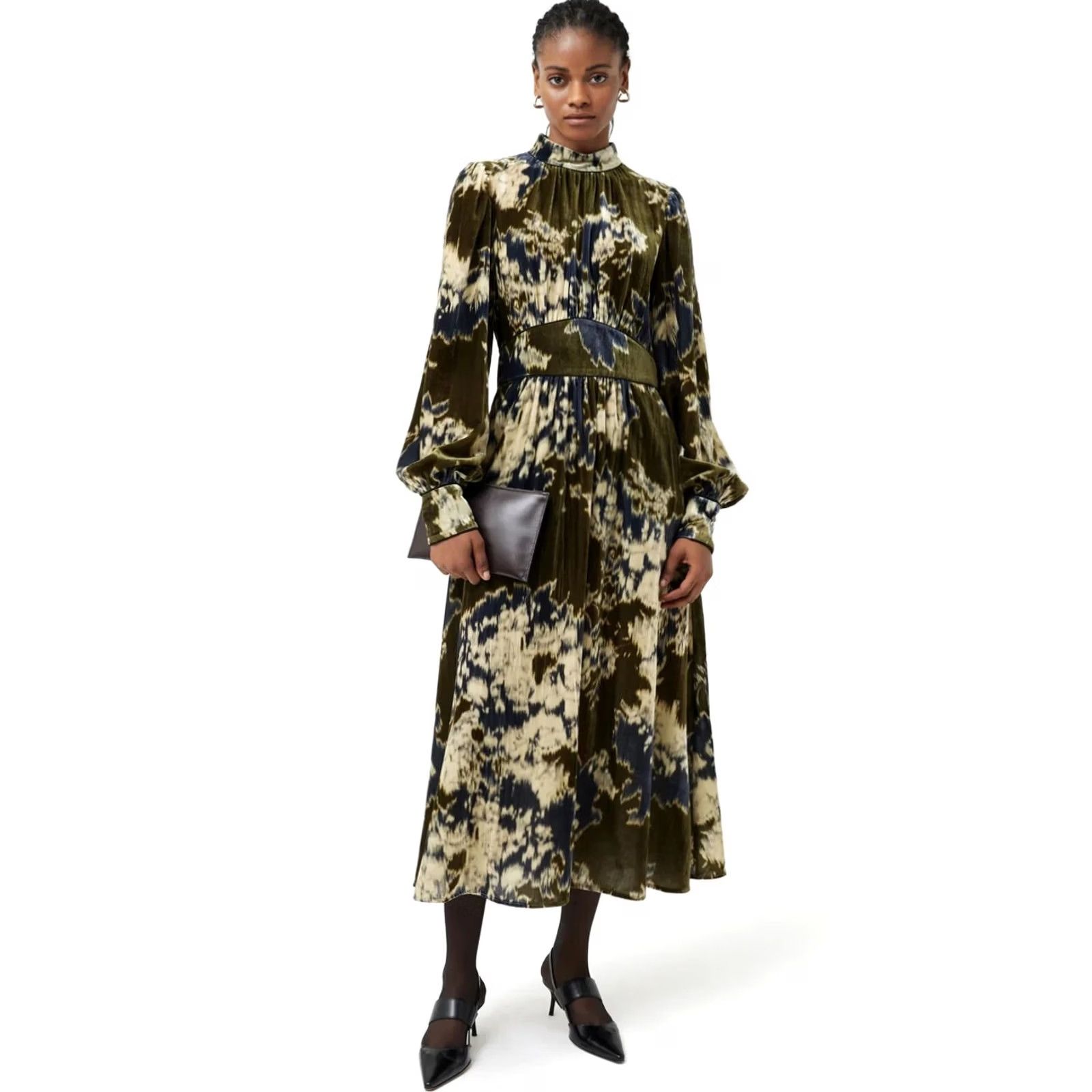 Jigsaw JIGSAW Glitched Ikat Velvet Khaki Green High Neck Midi Dress Women’s Sz 8 Size M / US 6-8 / IT 42-44 - 2 Thumbnail