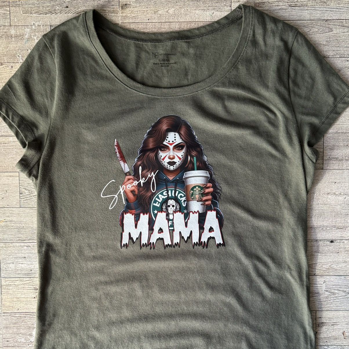 Vintage Spooky Mama, Coffee & Halloween Theme, Retro Fitted Tee Size L / US 10 / IT 46 - 15 Thumbnail