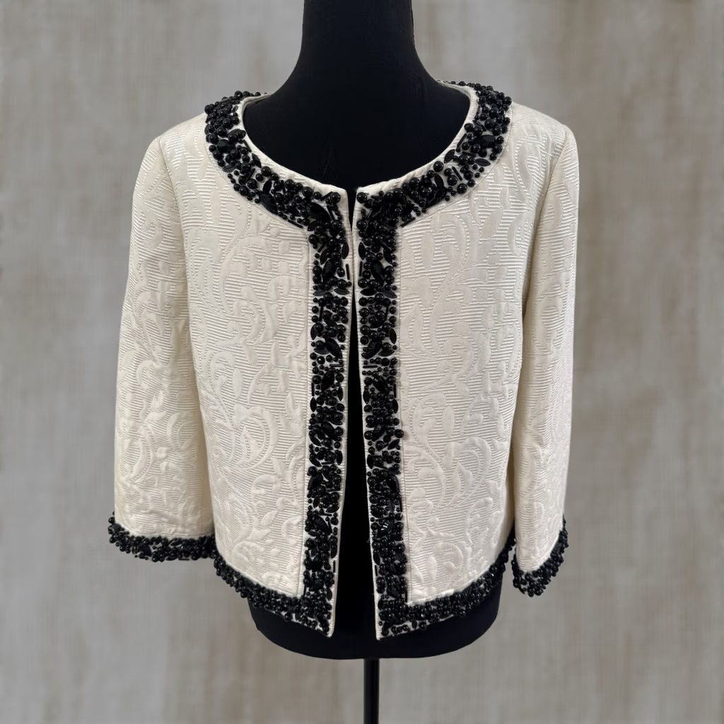 Talbots TALBOTS WMN Summer White Jacquard Black Beaded Lined Jacket Blazer Top Size S / US 4 / IT 40 - 1 Thumbnail